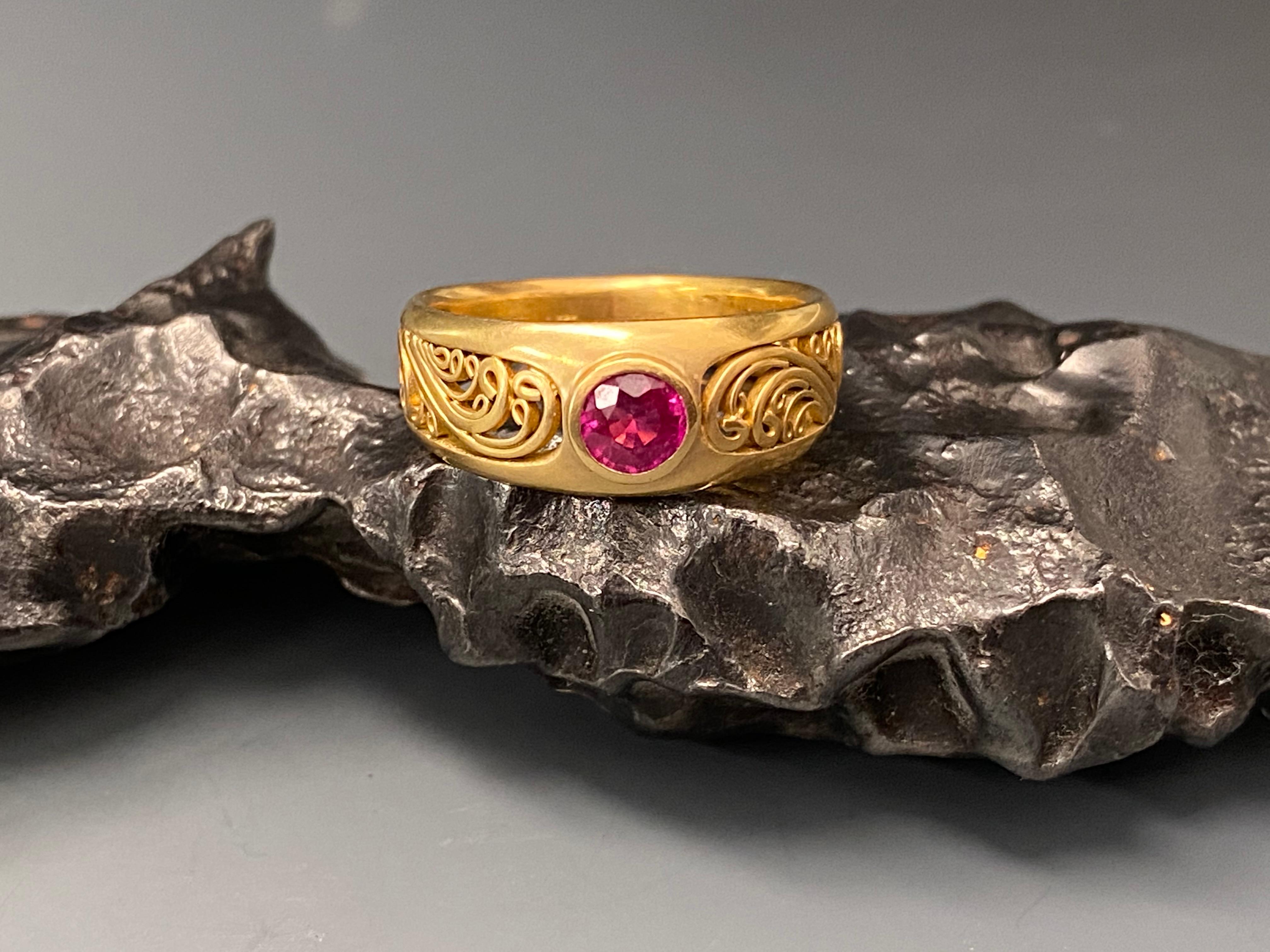 Round Cut Steven Battelle 0.6 Carat Ruby 18K Wirework Ring Gold For Sale