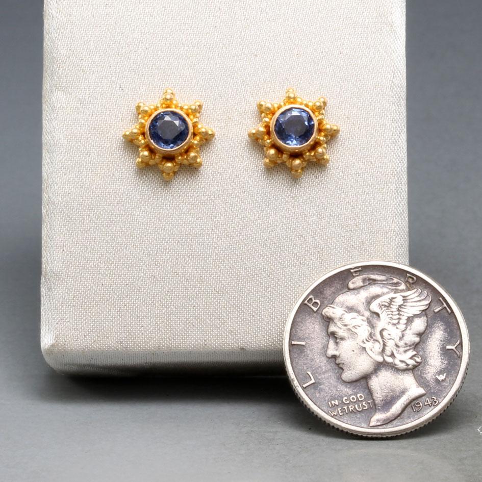 Rose Cut Steven Battelle 0.7 Carats Blue Sapphire 22K Gold Post Earrings For Sale