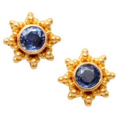 Steven Battelle 0.7 Carats Blue Sapphire 22K Gold Post Earrings