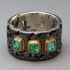 Steven Battelle 0.7 Carats Columbian Emeralds Oxidized Silver 18k Gold Ring
