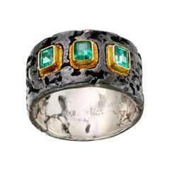 Steven Battelle 0.7 Carats Columbian Emeralds Oxidized Silver 18k Gold Ring