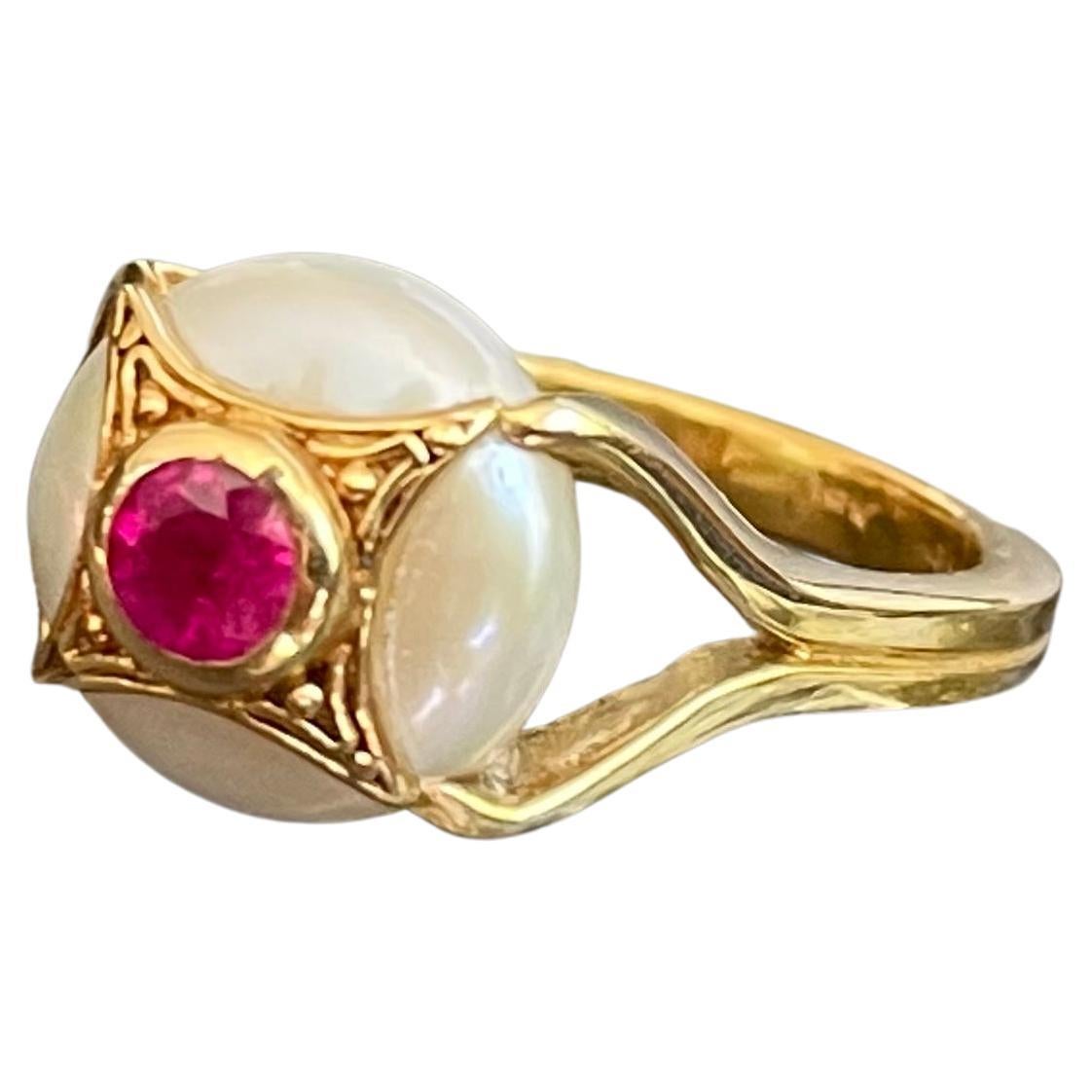 Steven Battelle 0.8 Carat Ruby Pearl 18K Gold Ring For Sale