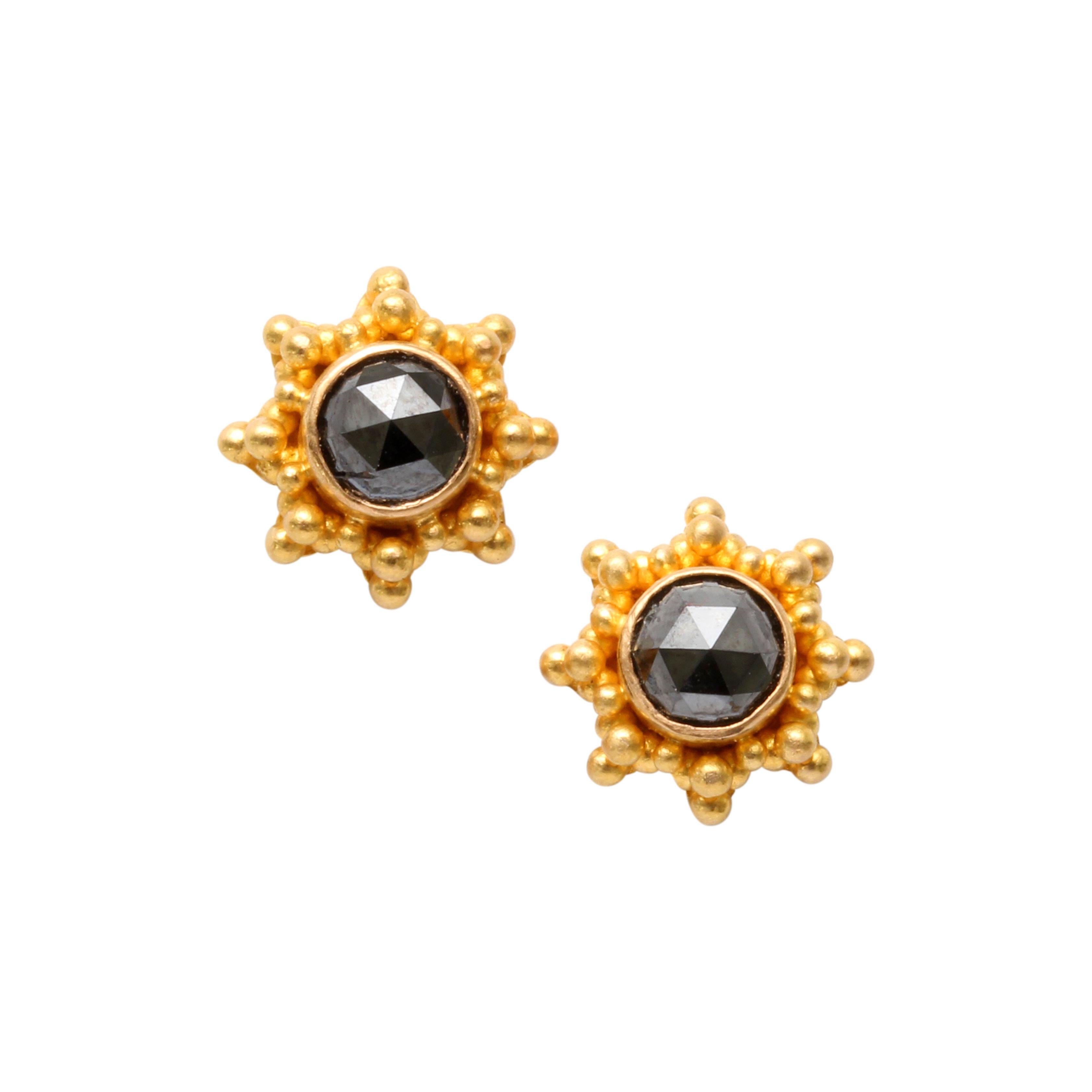 Steven Battelle 0.8 Carats Black Diamond 22K Gold Post Earrings In New Condition For Sale In Soquel, CA