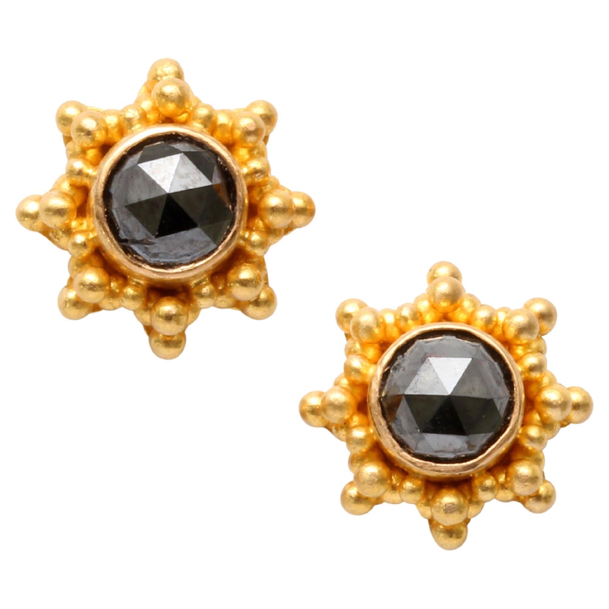 Steven Battelle 0.8 Carats Black Diamond 22K Gold Post Earrings For Sale