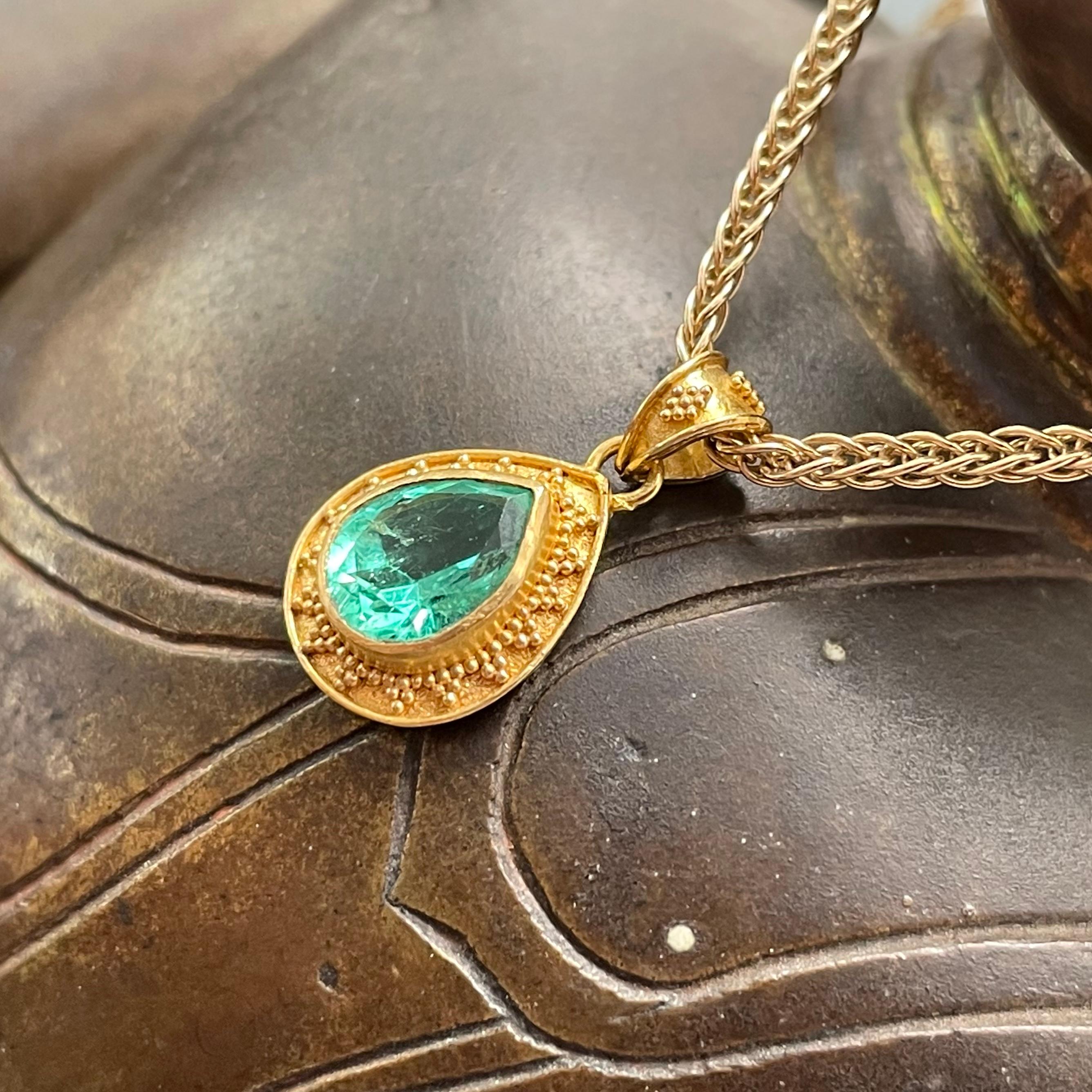 Pear Cut Steven Battelle 1.0 Carats Columbian Emerald Granulated 22K Gold Pendant