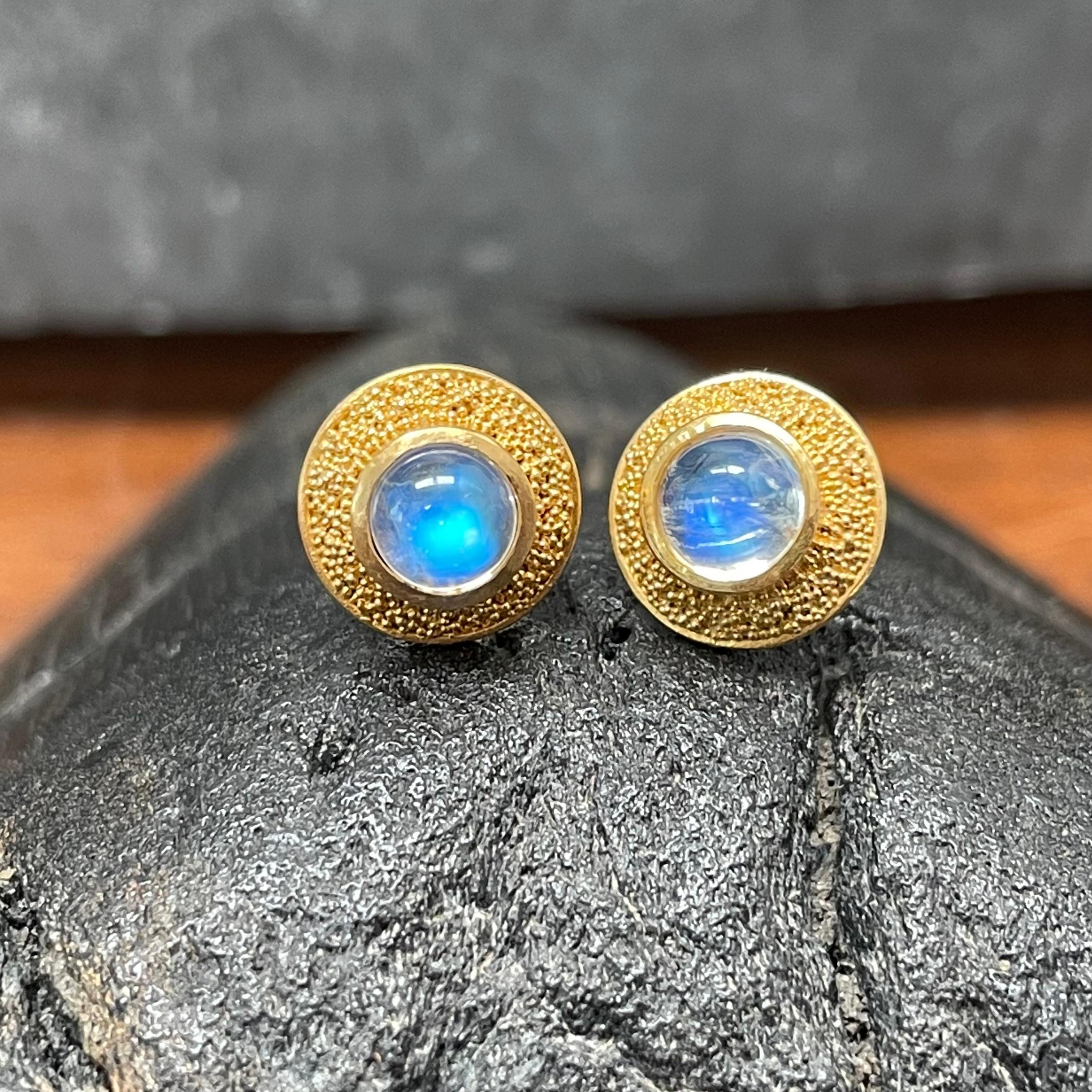 Contemporary Steven Battelle 1.0 Carats Rainbow Moonstone 22K Gold Post Earrings For Sale