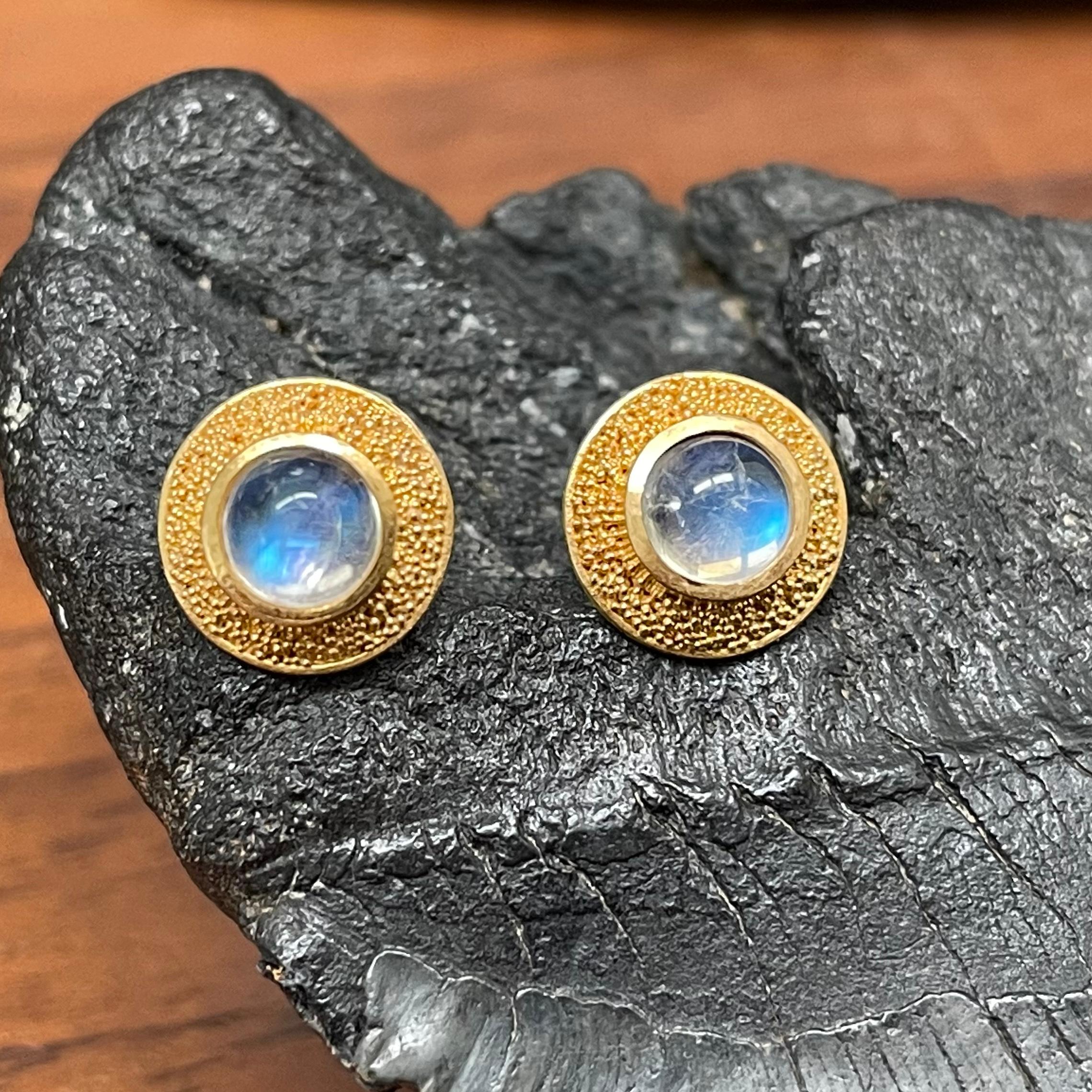 Cabochon Steven Battelle 1.0 Carats Rainbow Moonstone 22K Gold Post Earrings For Sale