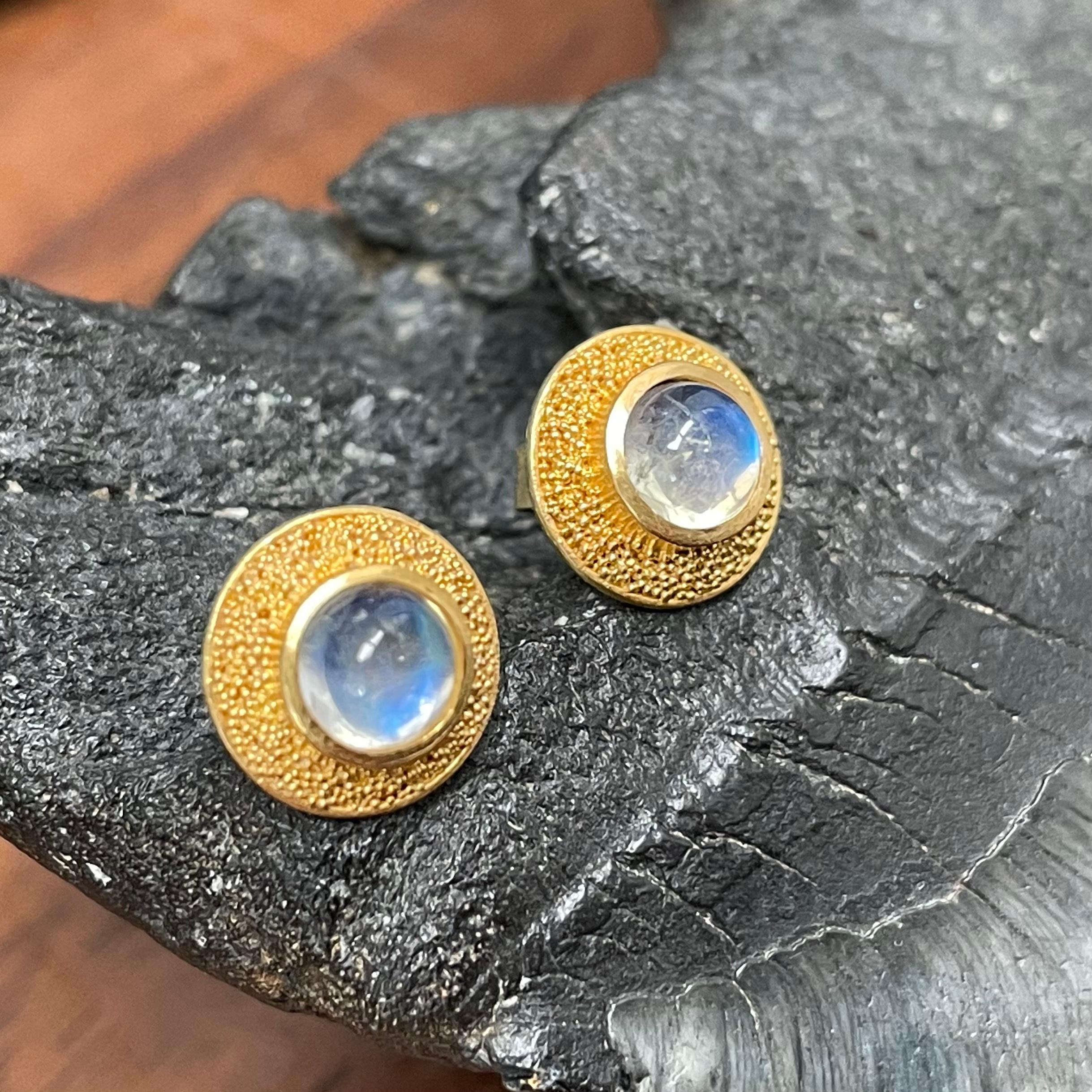 Steven Battelle 1.0 Carats Rainbow Moonstone 22K Gold Post Earrings For Sale 1