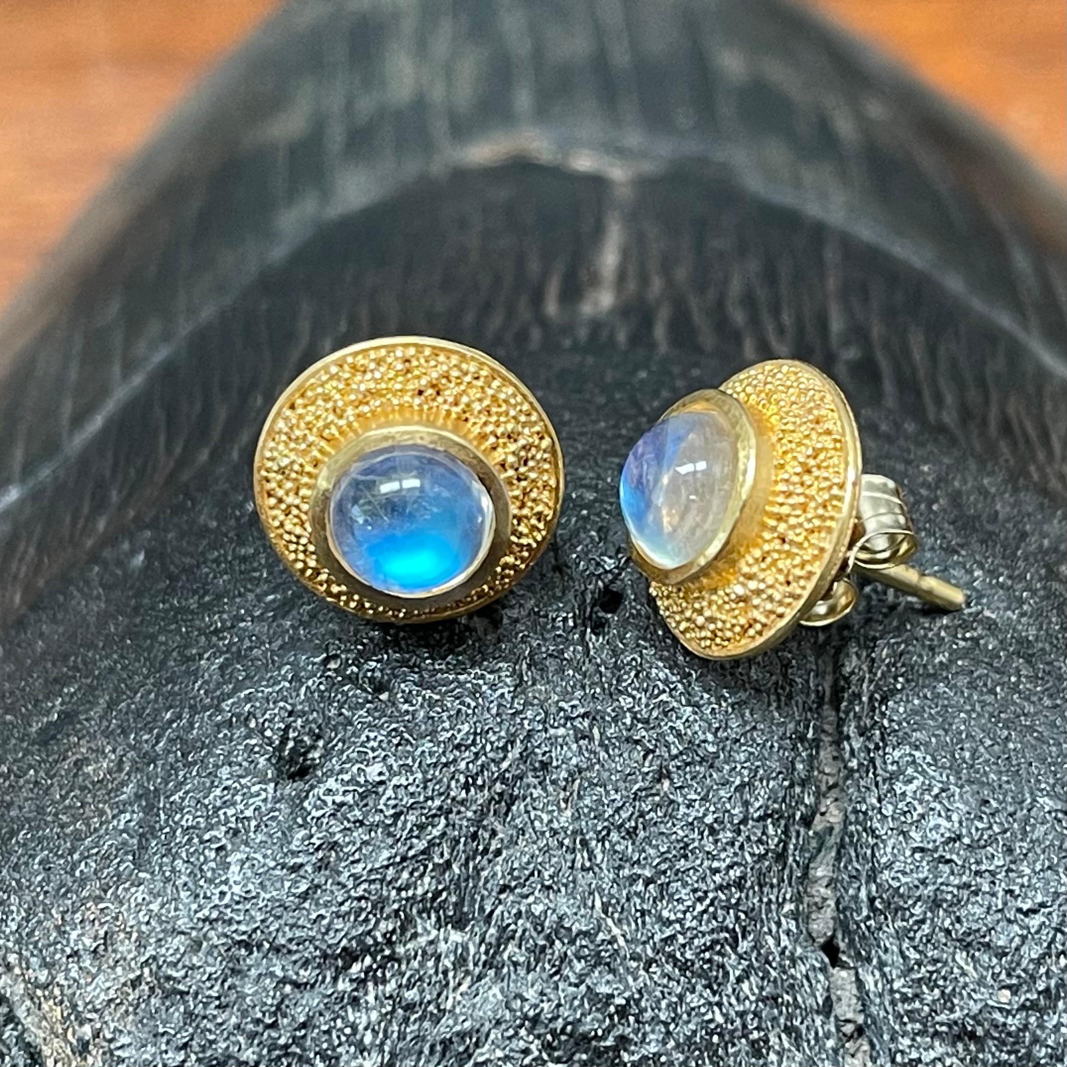 Steven Battelle 1.0 Carats Rainbow Moonstone 22K Gold Post Earrings For Sale 2