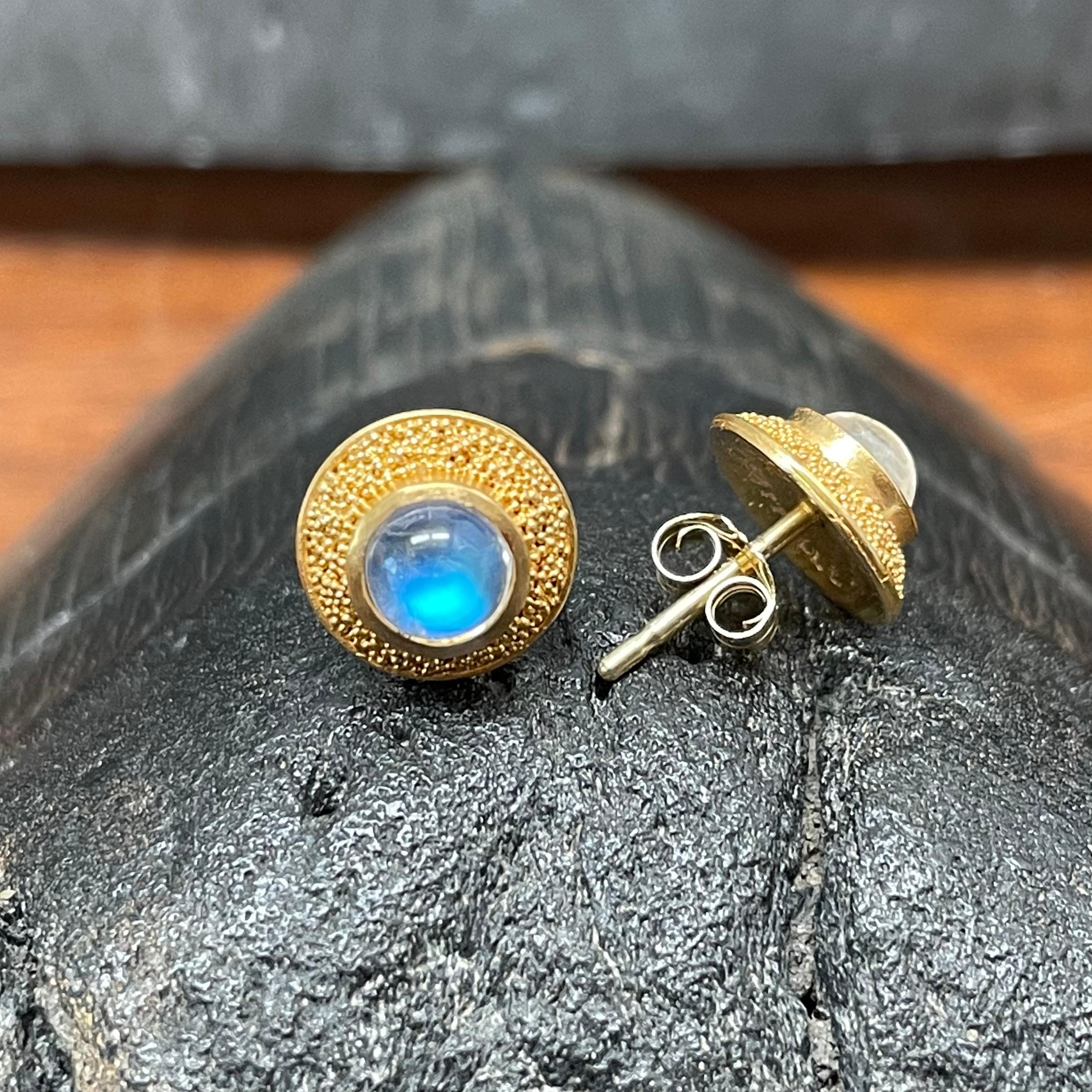 Steven Battelle 1.0 Carats Rainbow Moonstone 22K Gold Post Earrings For Sale 3