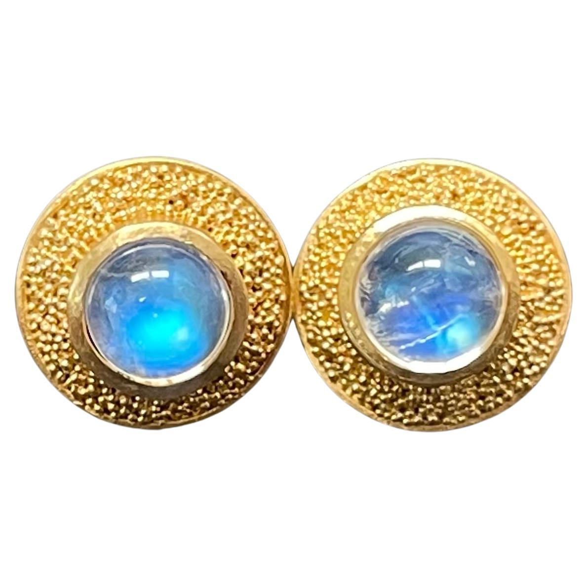 Steven Battelle 1.0 Carats Rainbow Moonstone 22K Gold Post Earrings For Sale