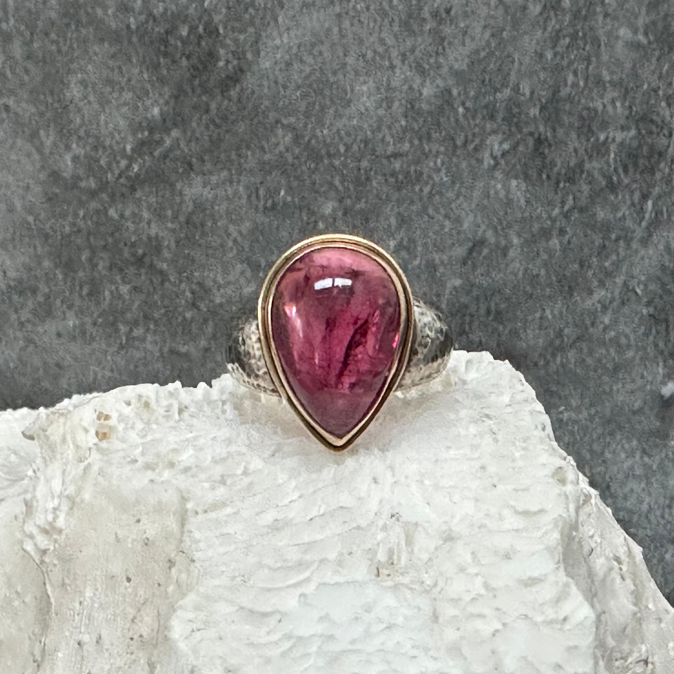 Steven Battelle 10.0 Carats Cabochon Pink Tourmaline Sterling 18K Gold Ring  In New Condition For Sale In Soquel, CA