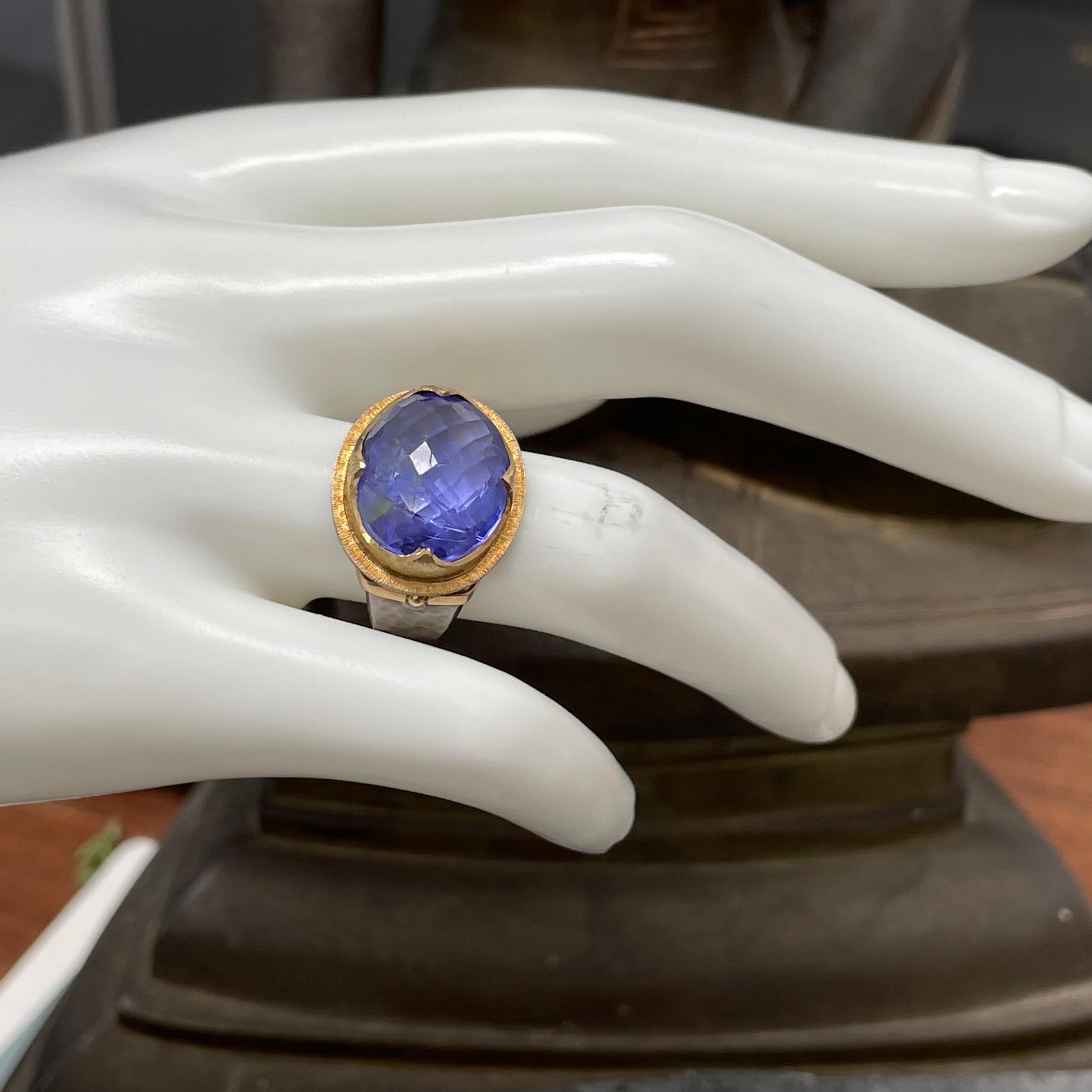 Steven Battelle 10.1 Carats Tanzanite Silver and 18k Gold Ring For Sale 1