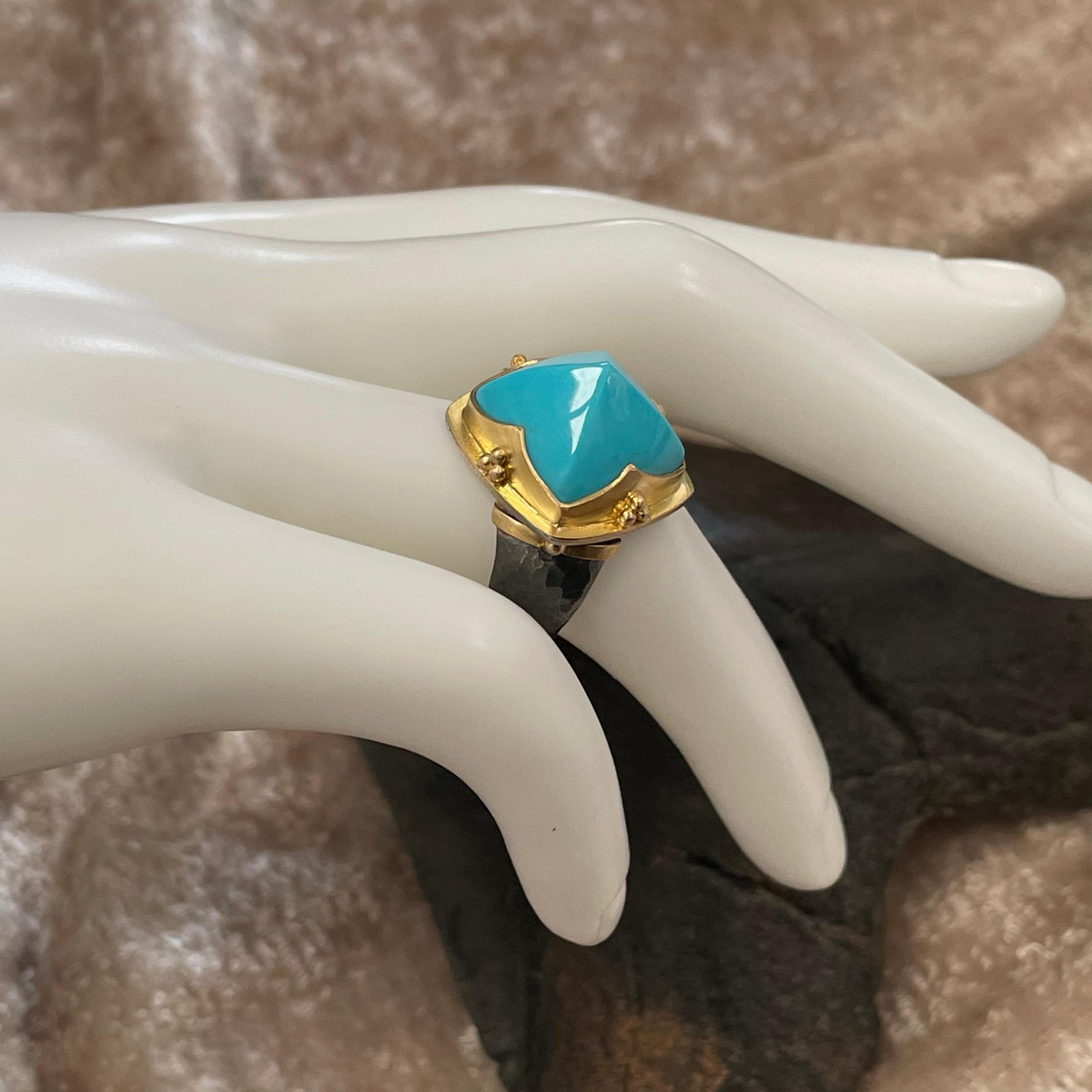 Steven Battelle 10.5 Carat Turquoise 18K Gold Silver Ring For Sale 4