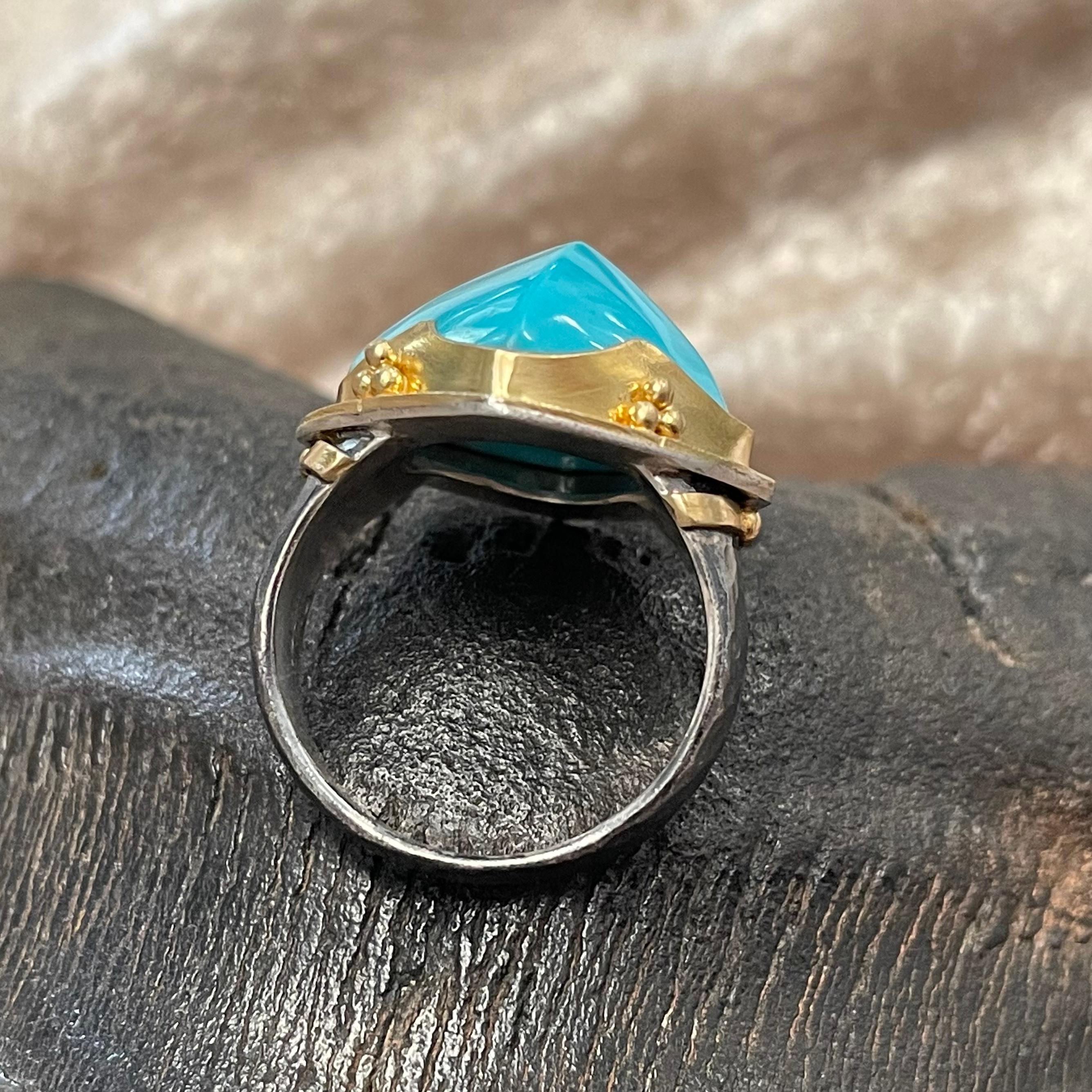Steven Battelle 10.5 Carat Turquoise 18K Gold Silver Ring In New Condition For Sale In Soquel, CA