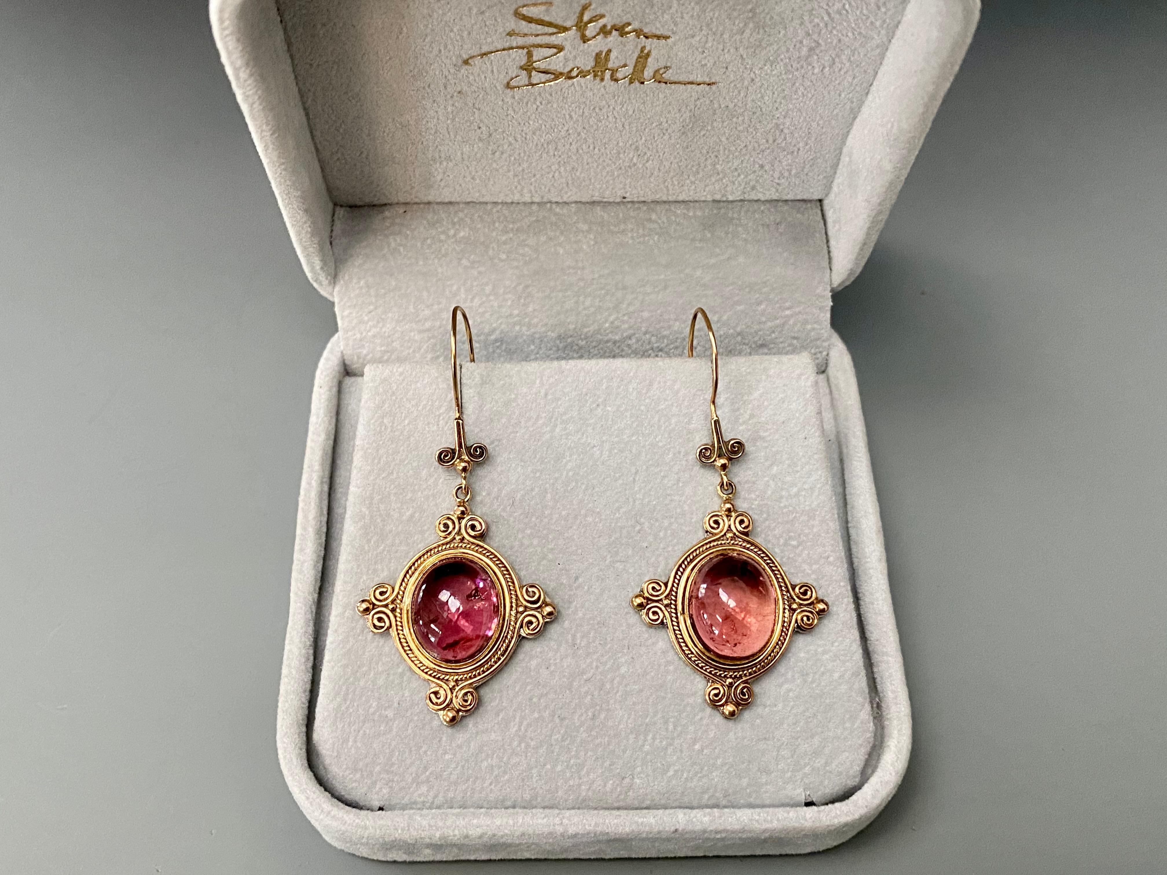 Cabochon Steven Battelle 13.5 Carat Pink Tourmaline Drop Earrings 18K Gold/Sterling For Sale