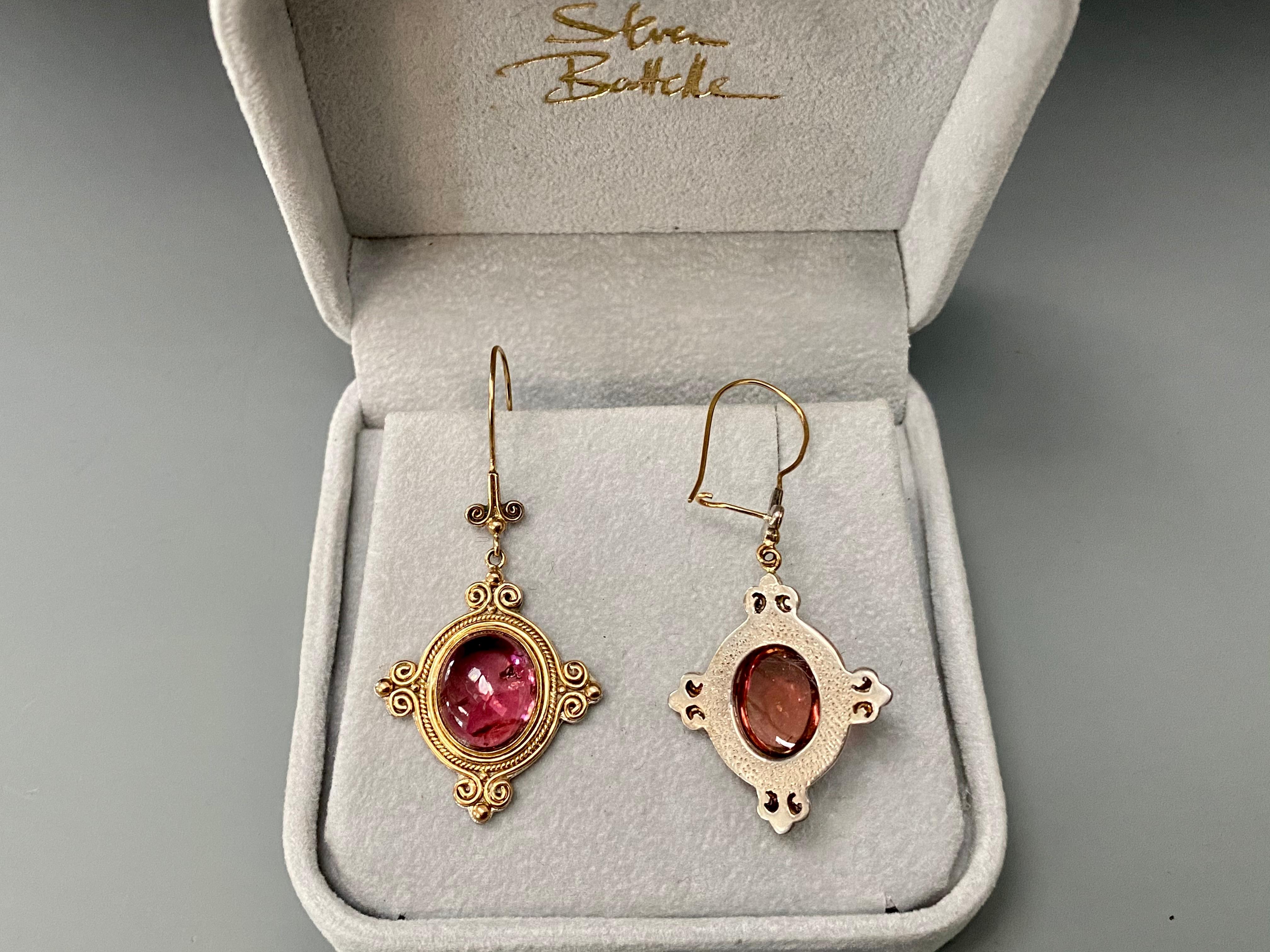 Steven Battelle 13.5 Carat Pink Tourmaline 18K Gold/Sterling Drop Earrings In New Condition In Soquel, CA