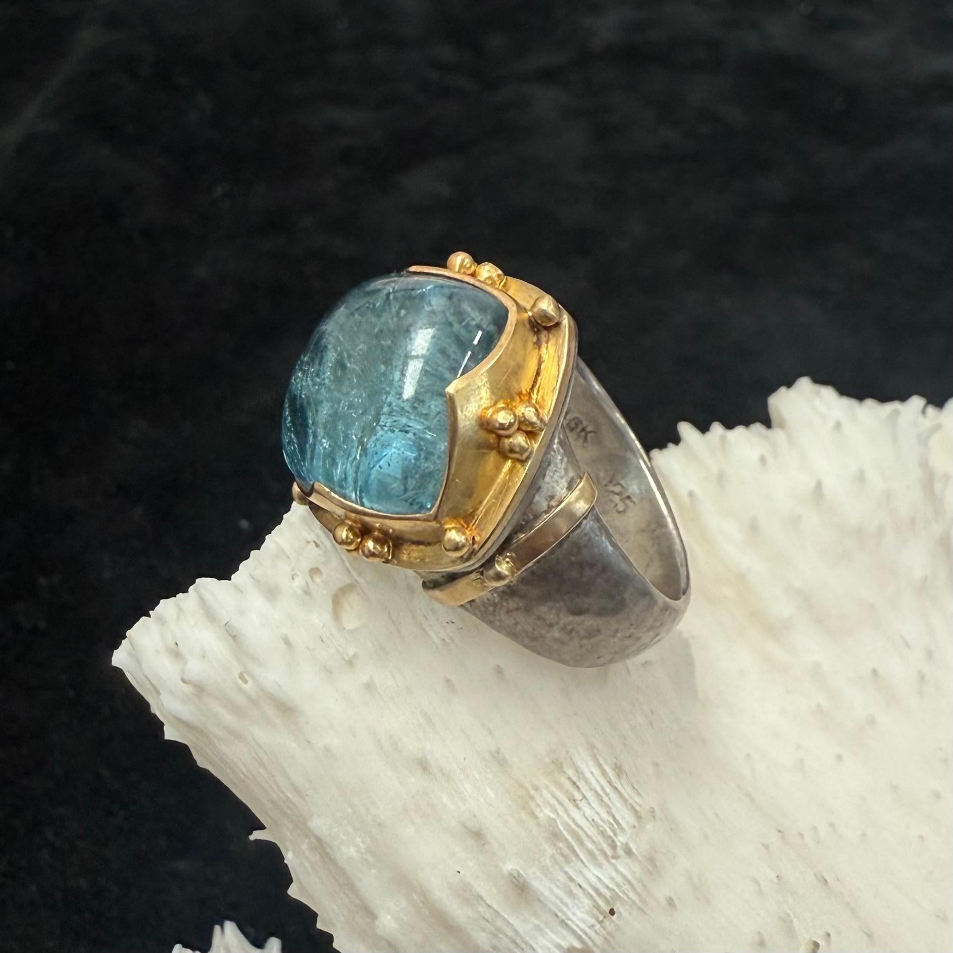 Bague Steven Battelle 10,8 carats aigue-marine cabochon or 18K/étalons en vente 4
