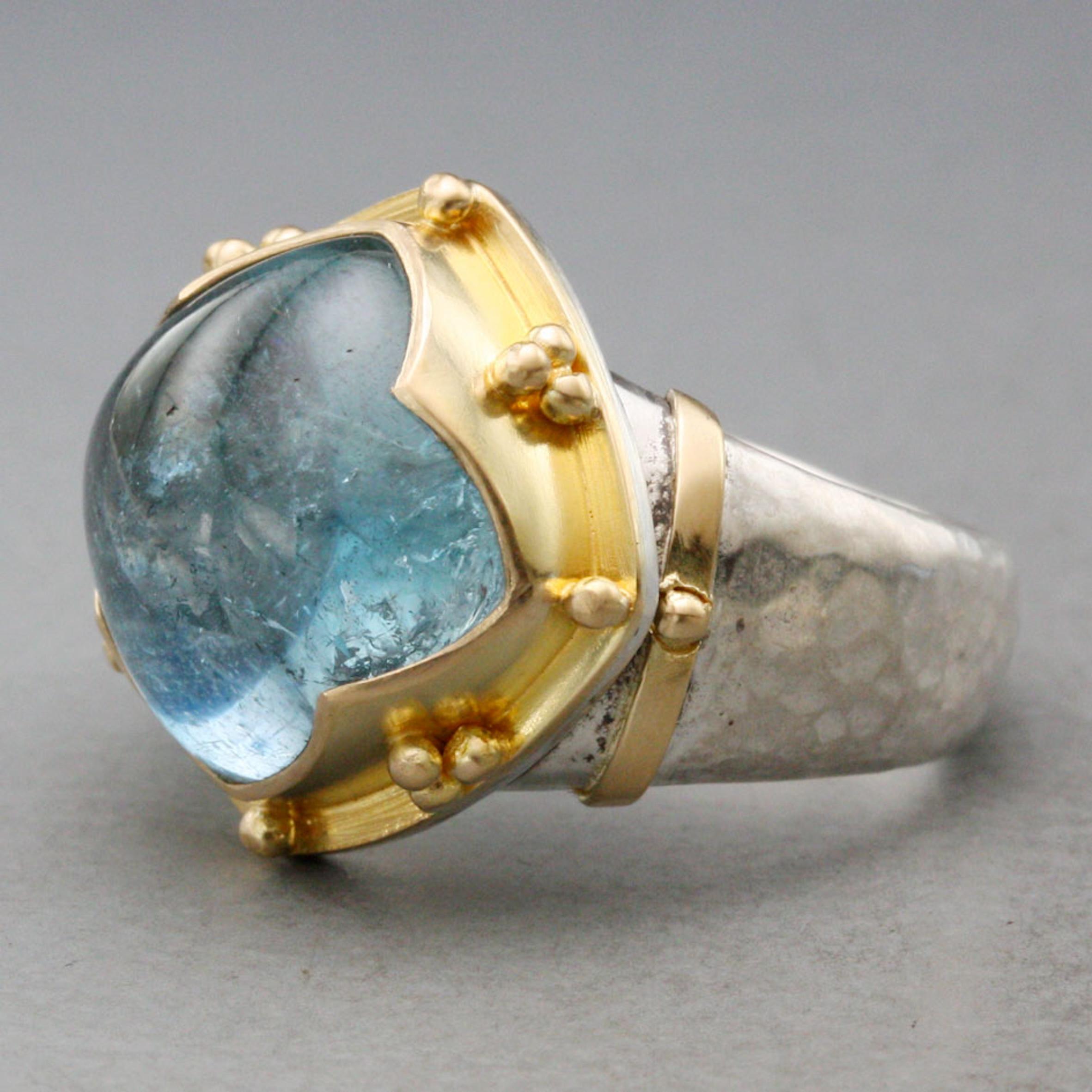 Taille cabochon Bague Steven Battelle 10,8 carats aigue-marine cabochon or 18K/étalons en vente