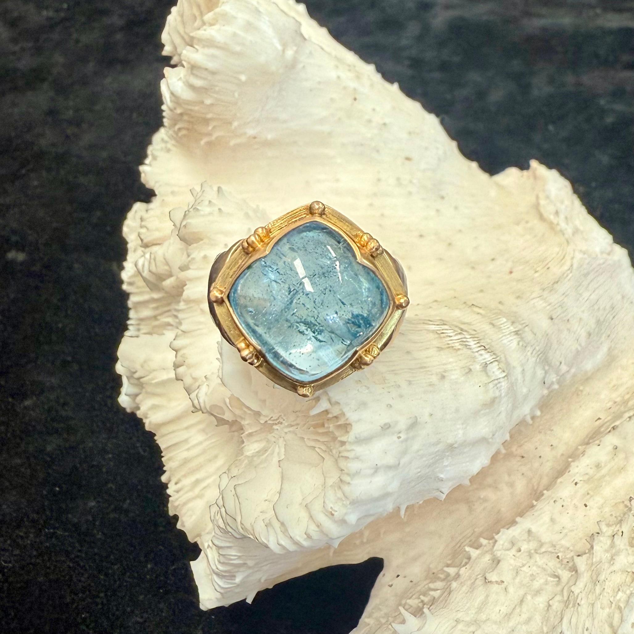 Bague Steven Battelle 10,8 carats aigue-marine cabochon or 18K/étalons Unisexe en vente