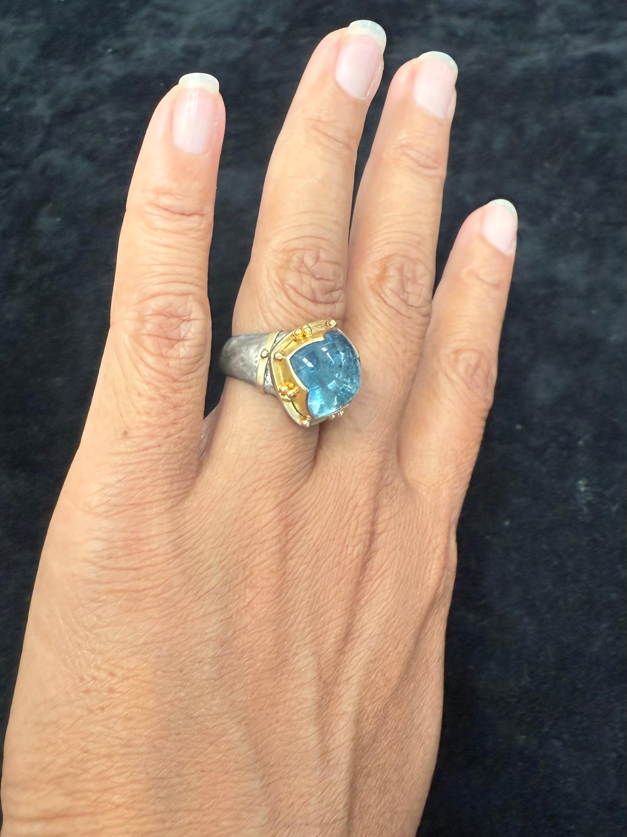 Bague Steven Battelle 10,8 carats aigue-marine cabochon or 18K/étalons en vente 1