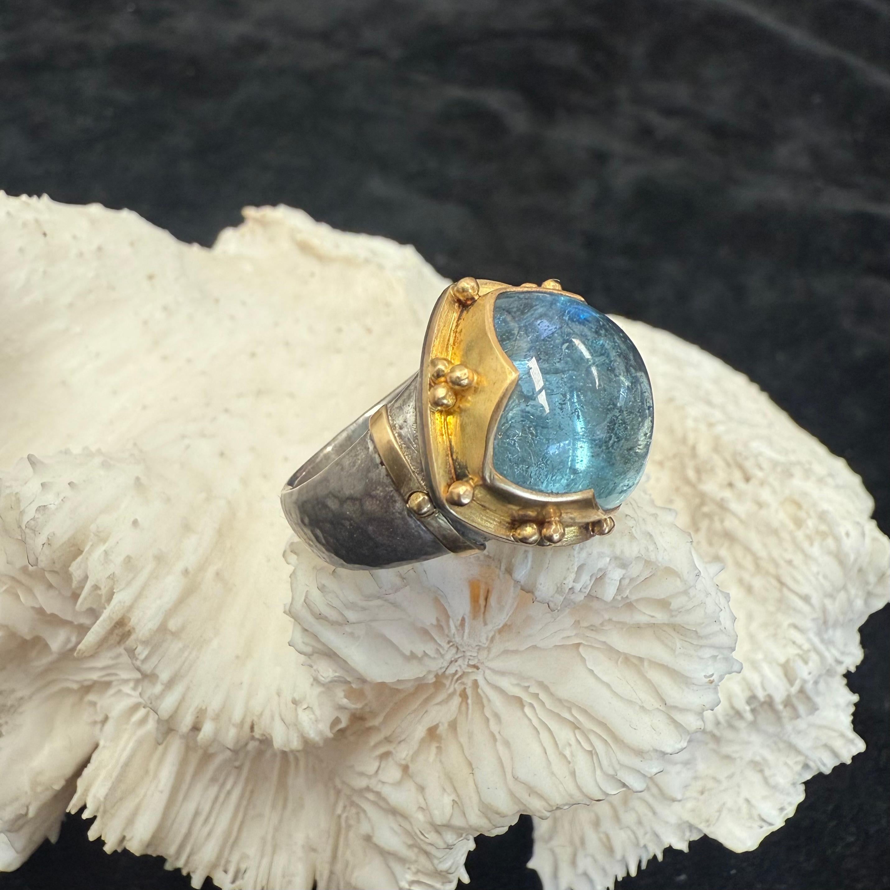 Bague Steven Battelle 10,8 carats aigue-marine cabochon or 18K/étalons en vente 3