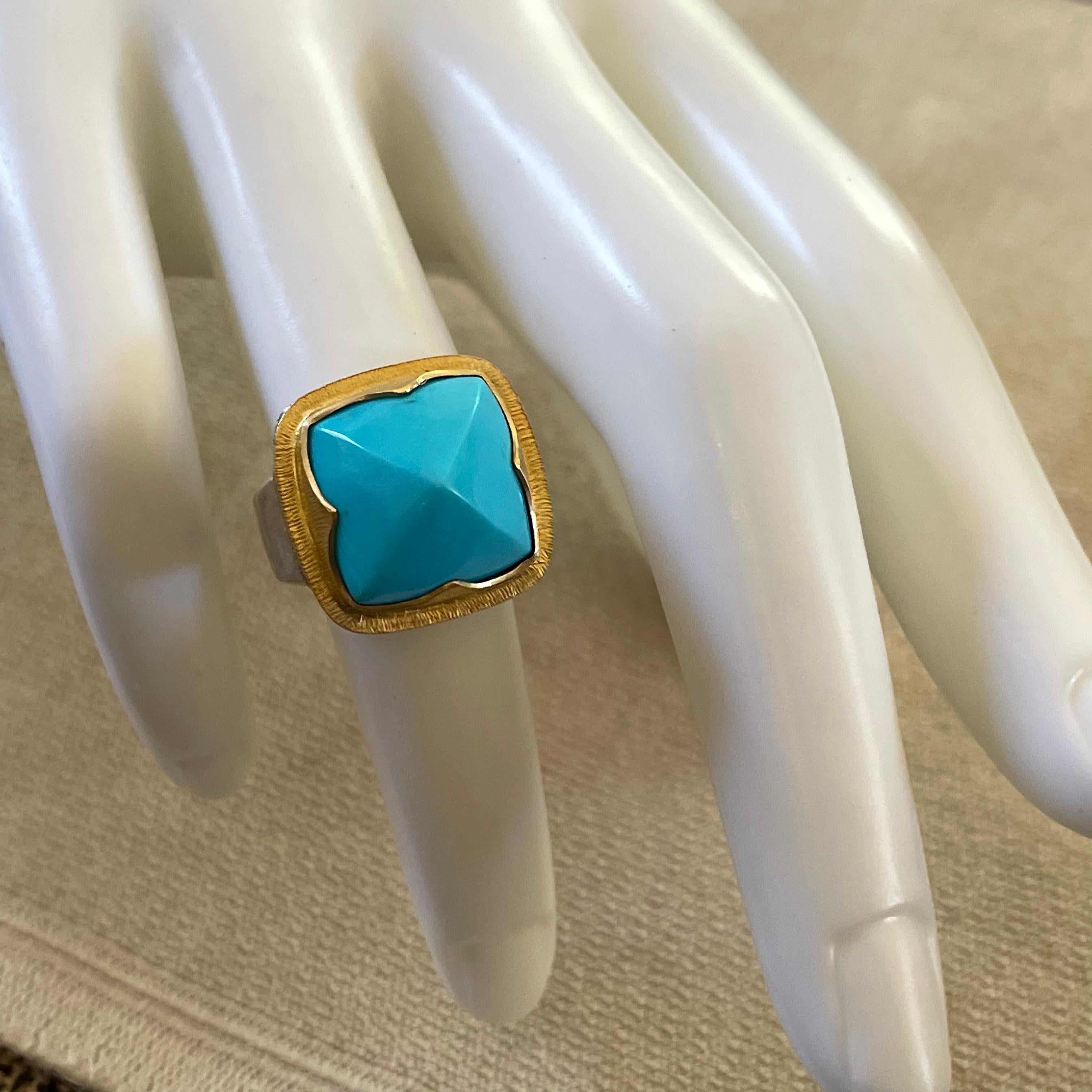 Steven Battelle 10.8 Carats Sleeping Beauty Turquoise 18K Gold Silver Ring For Sale 1