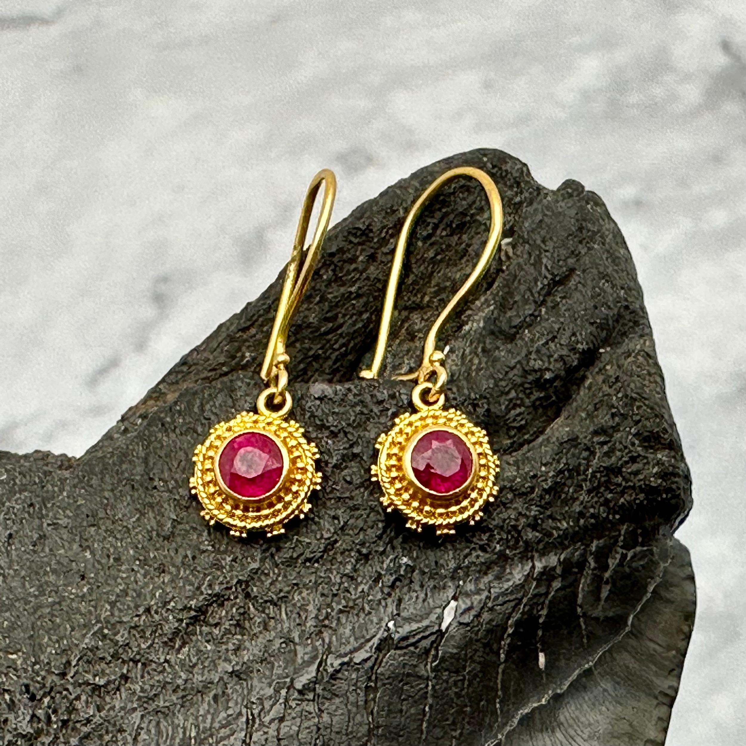 Rose Cut Steven Battelle 1.1 Carats Ruby 22k Gold Granulated Earrings For Sale