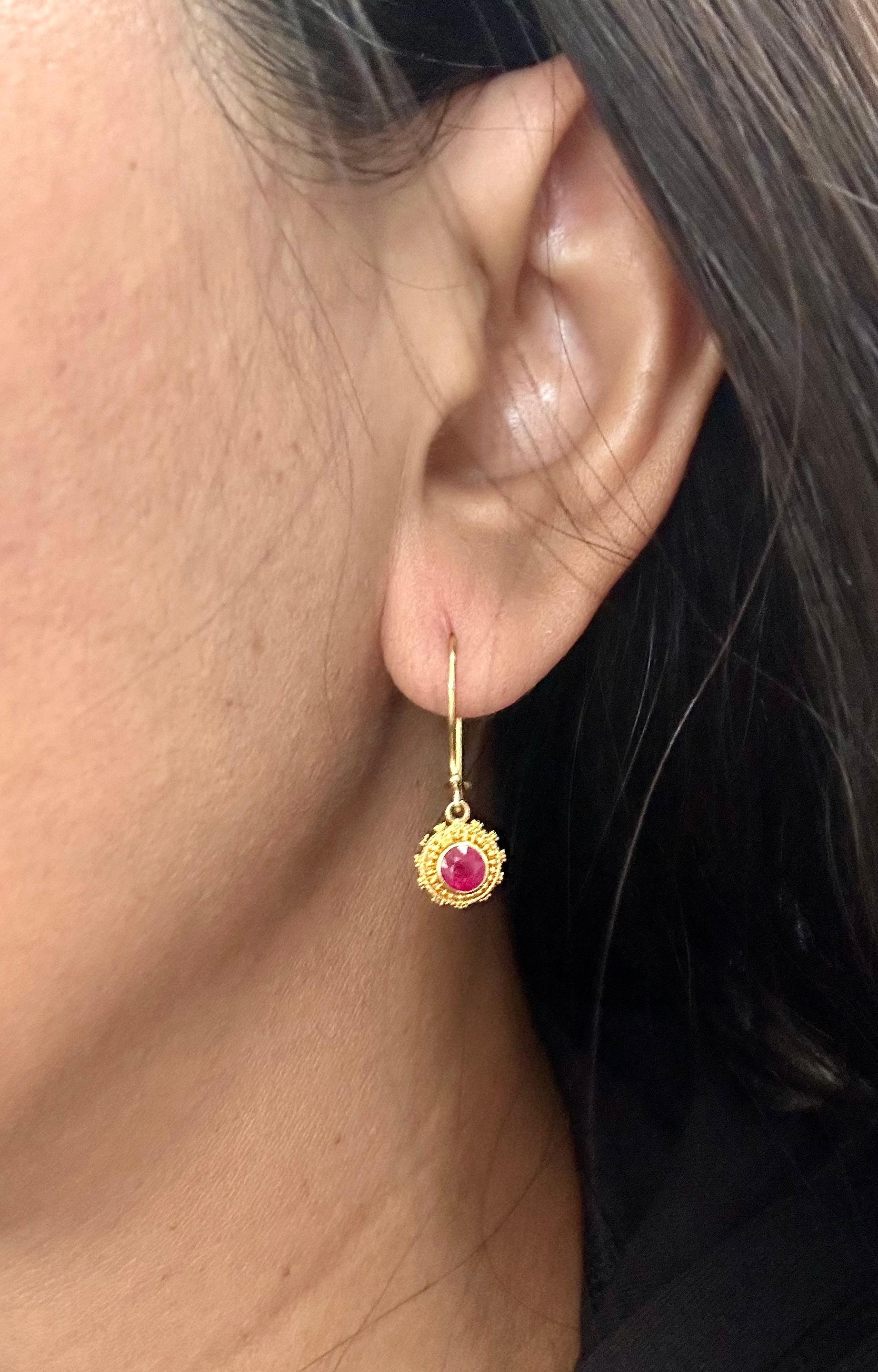 Steven Battelle 1.1 Carats Ruby 22k Gold Granulated Earrings In New Condition For Sale In Soquel, CA