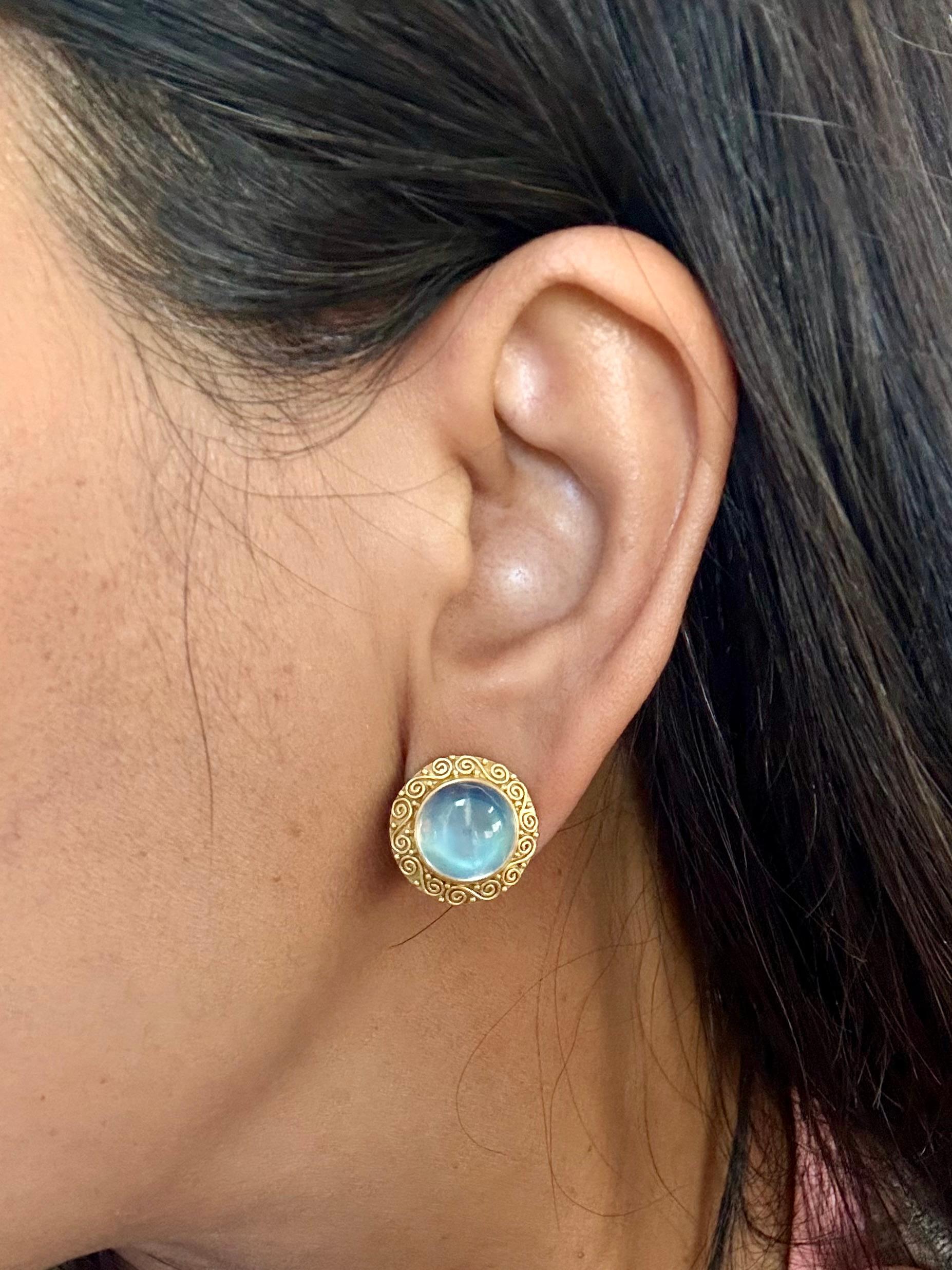 Contemporary Steven Battelle 11.0 Carats Rainbow Moonstone 18K Gold Post Earrings For Sale