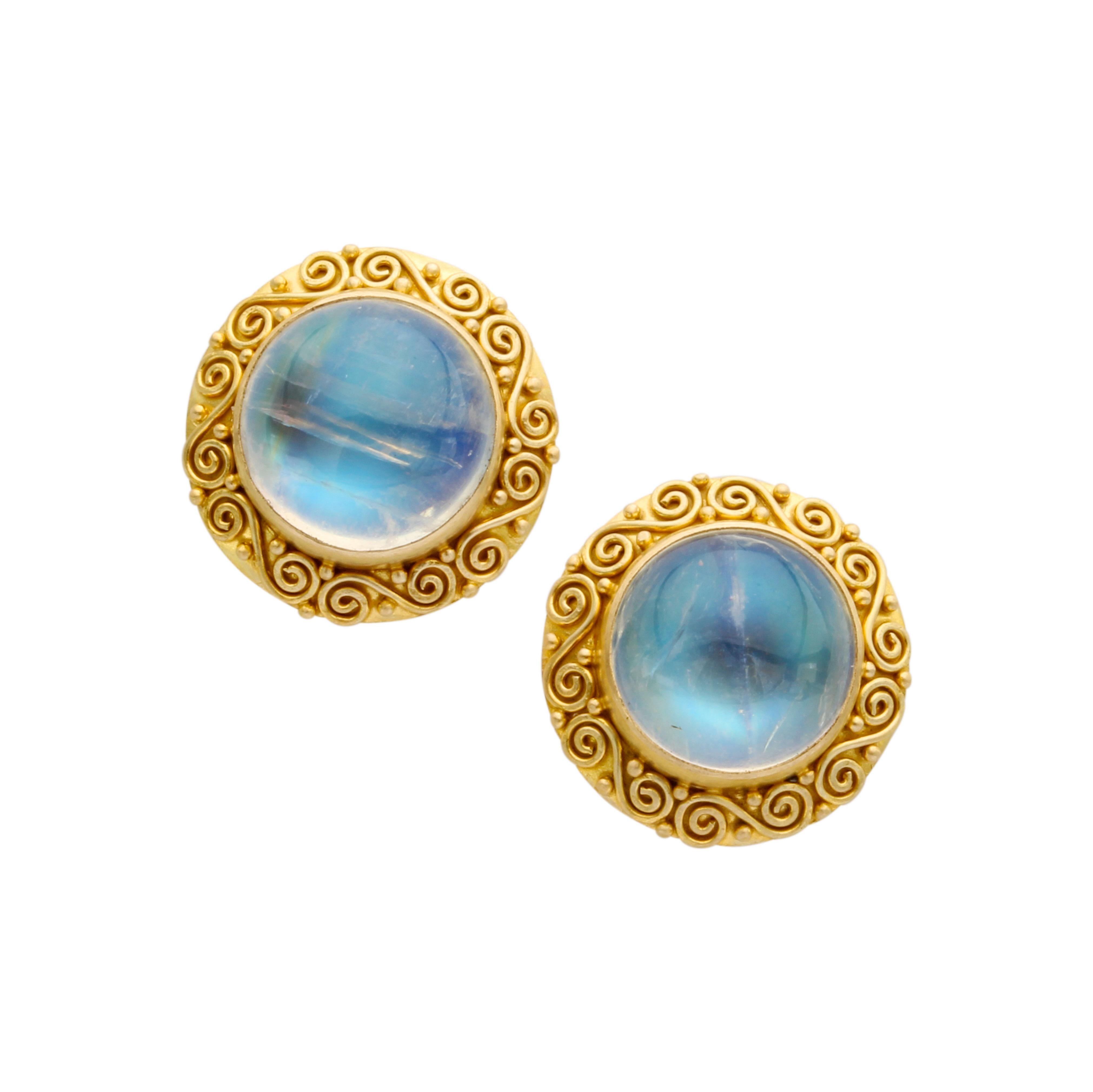 Steven Battelle 11.0 Carats Rainbow Moonstone 18K Gold Post Earrings In New Condition For Sale In Soquel, CA
