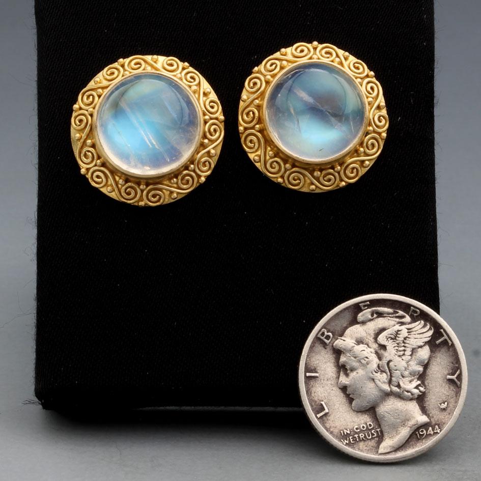 Steven Battelle 11.0 Carats Rainbow Moonstone 18K Gold Post Earrings For Sale 2