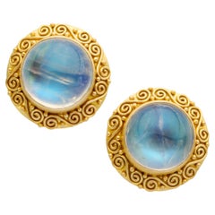 Steven Battelle 11.0 Carats Rainbow Moonstone 18K Gold Post Earrings
