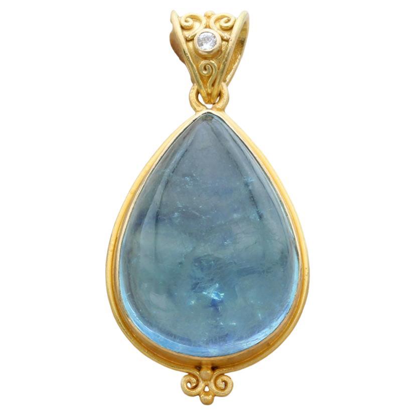 Steven Battelle 11.1 Carats Cabochon Aquamarine Diamond 18K Gold Pendant For Sale