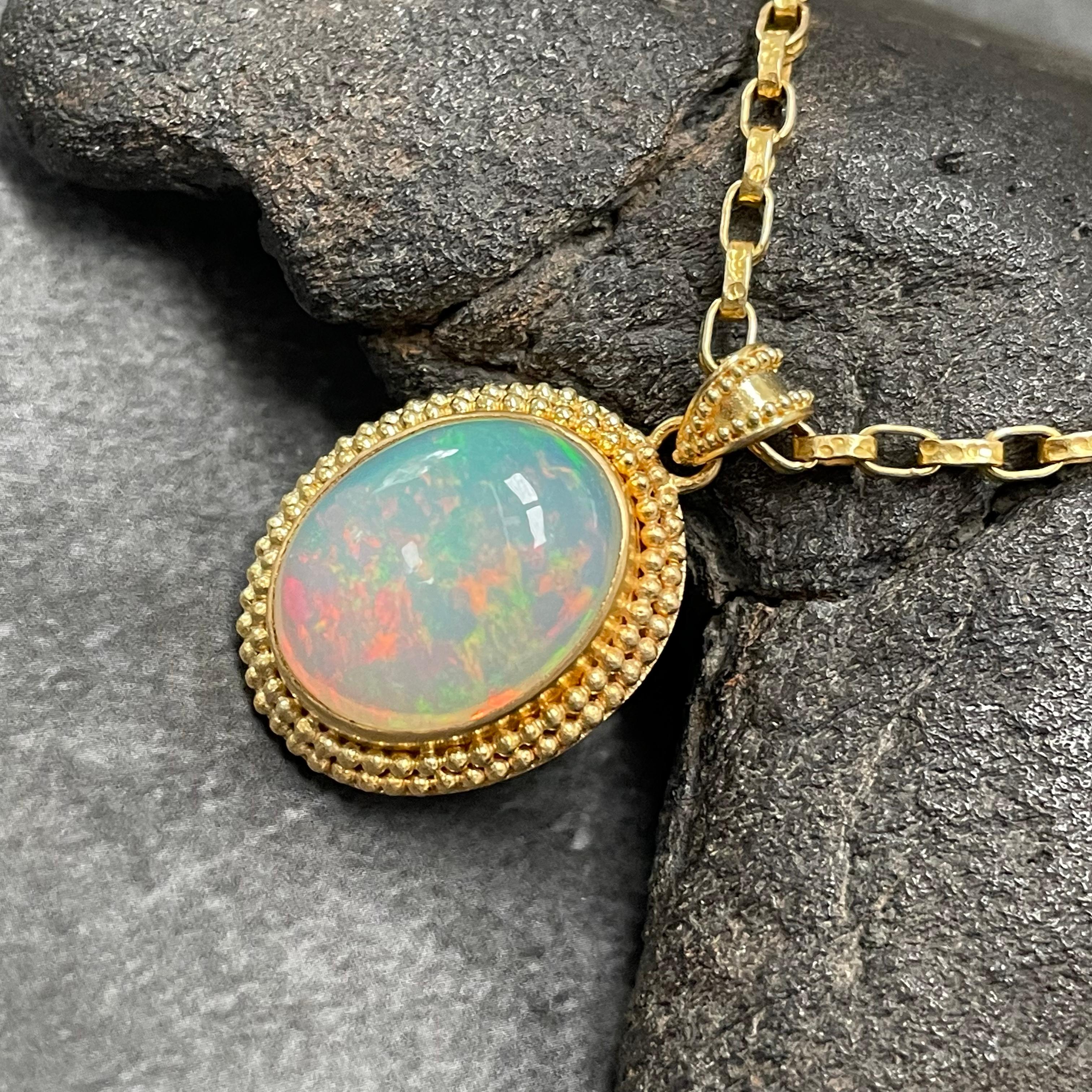 Steven Battelle 11.2 Carats Ethiopian Opal 22K Gold Pendant 20 Inch Woven Chain In New Condition In Soquel, CA