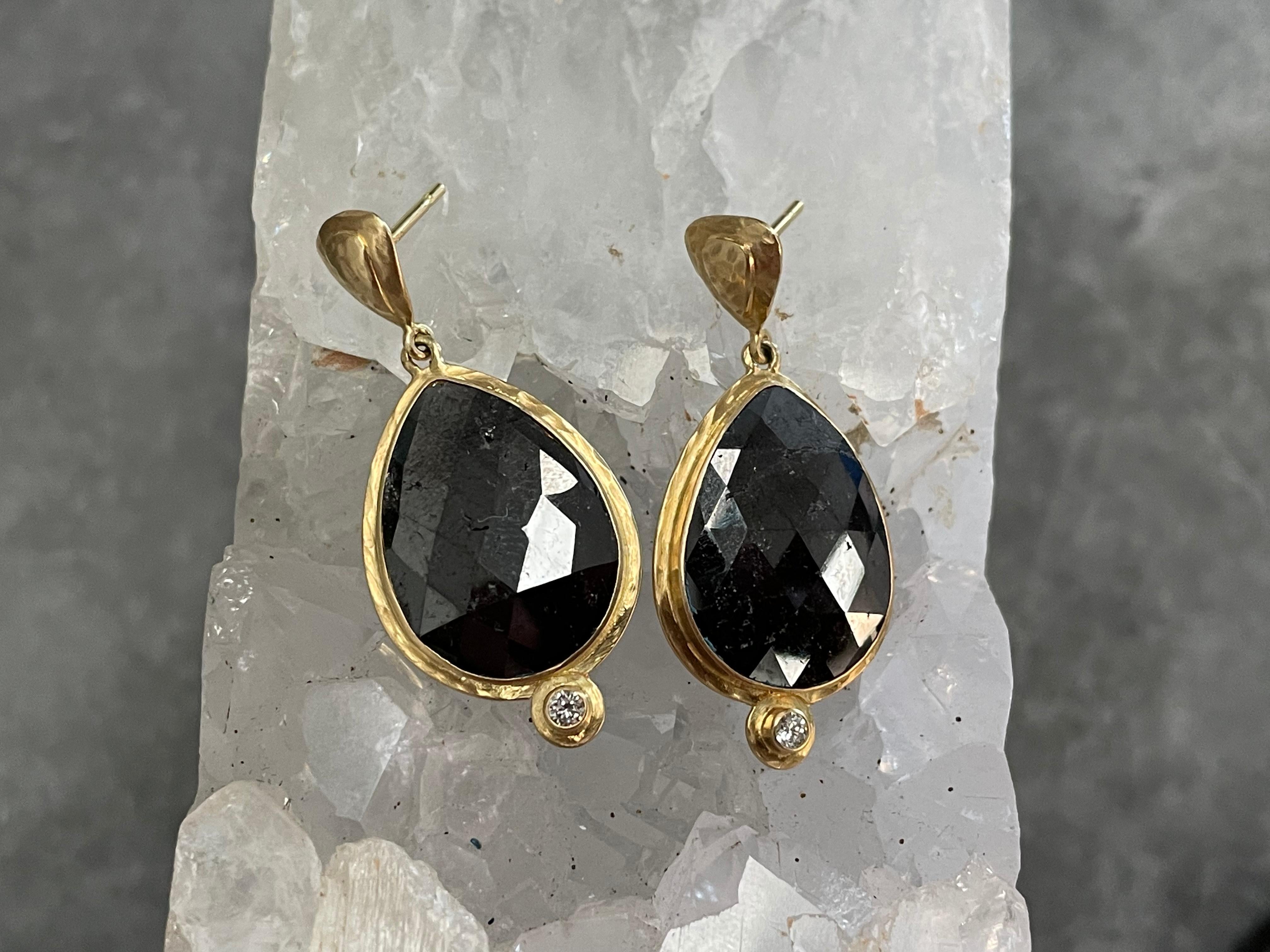 Pear Cut Steven Battelle 11.2 Carats Large Black Diamond 18K Gold Post Earrings For Sale