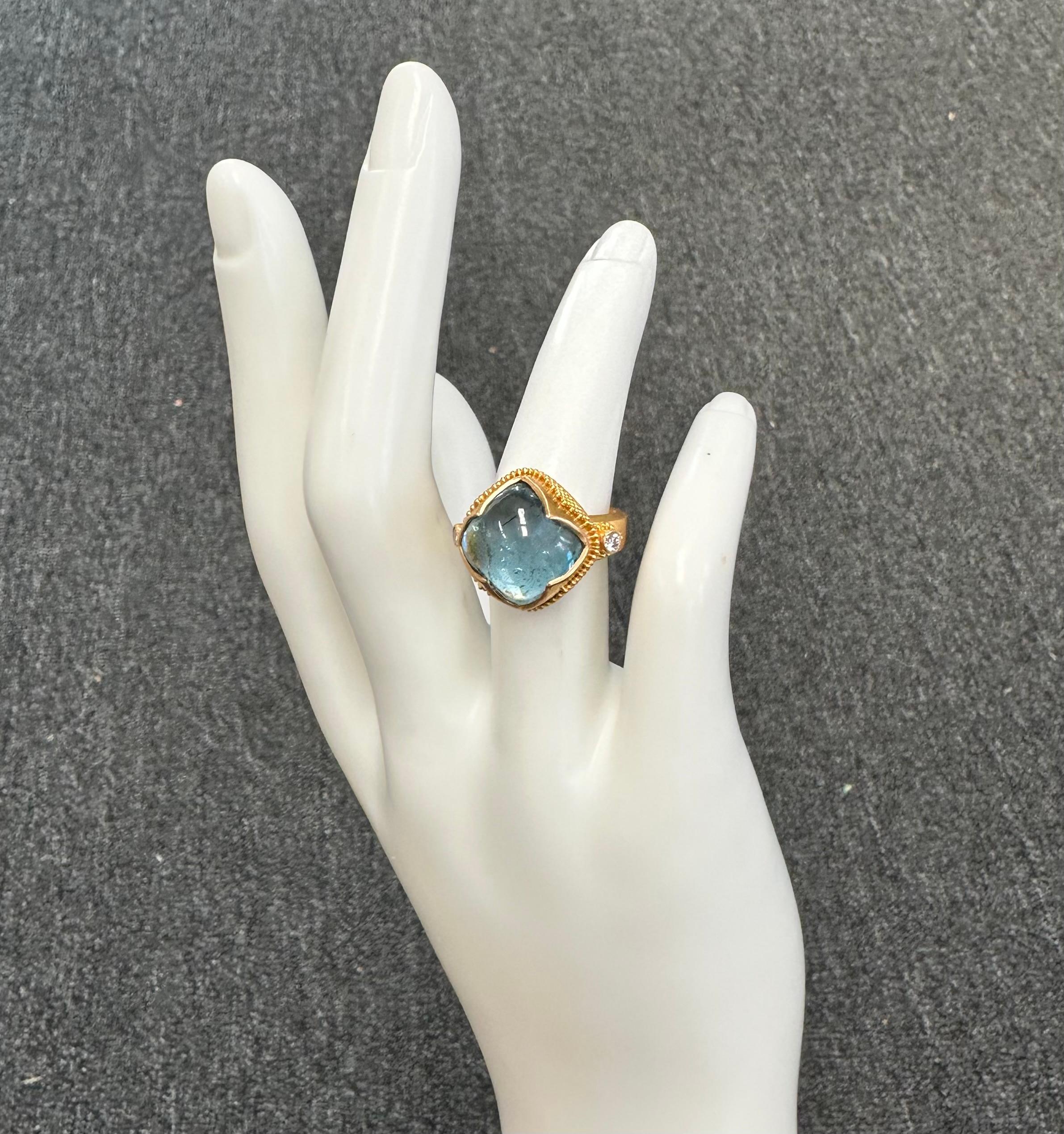 Steven Battelle 11.3 Carats Cabochon Aquamarine Diamonds 22K Gold Ring  For Sale 5