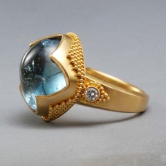 Steven Battelle 11.3 Carats Cabochon Aquamarine Diamonds 22K Gold Ring