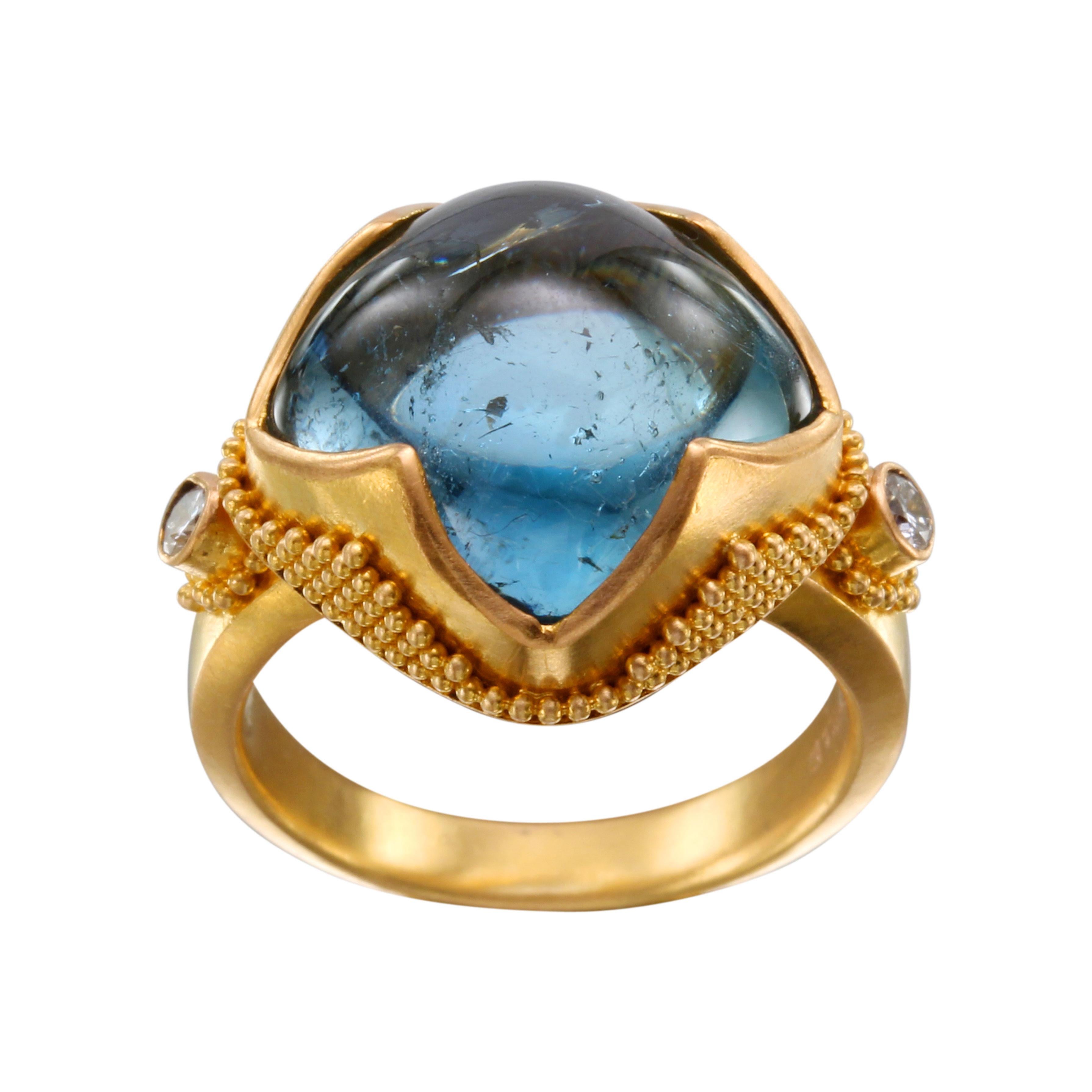 Steven Battelle 11.3 Carats Cabochon Aquamarine Diamonds 22K Gold Ring  In New Condition For Sale In Soquel, CA