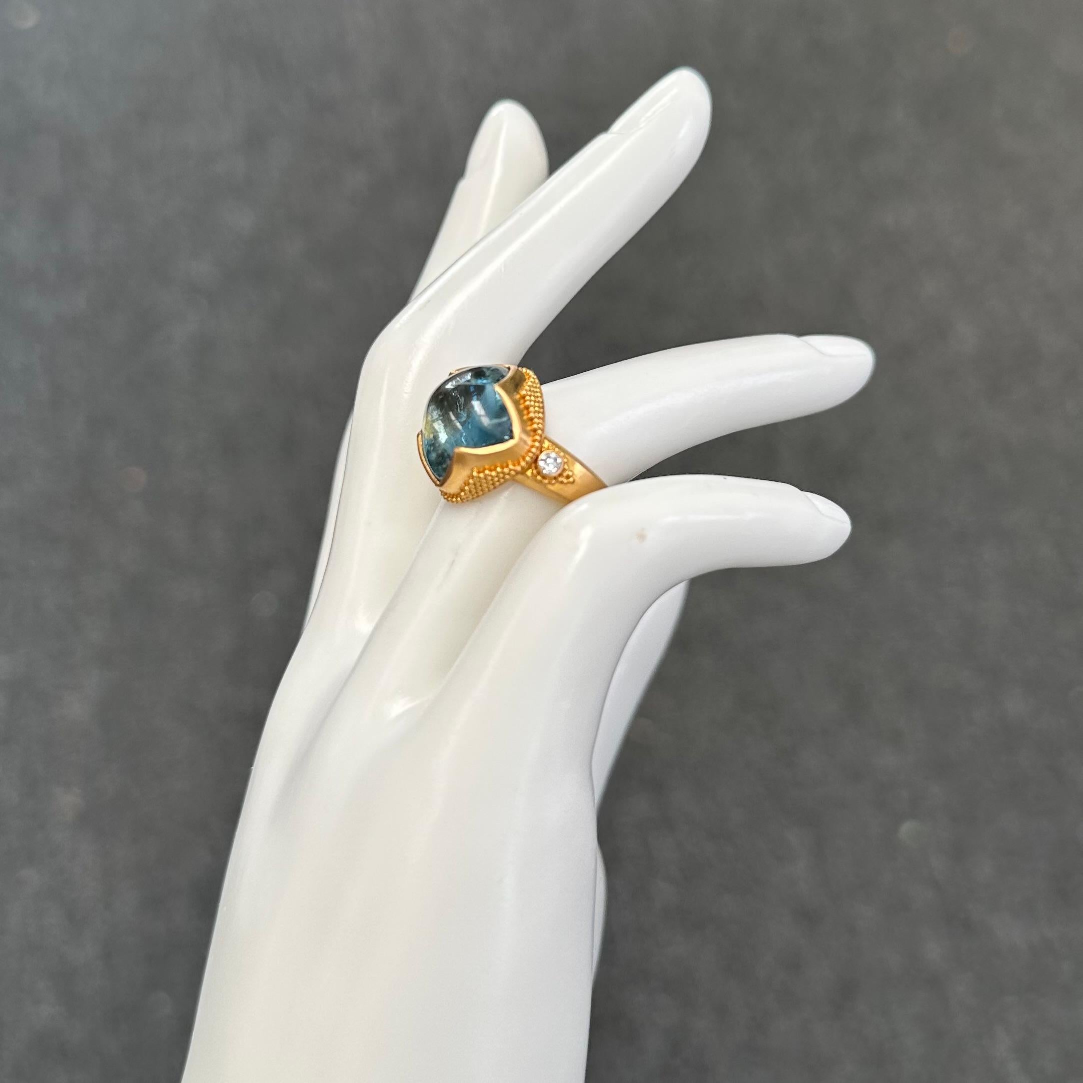 Steven Battelle 11.3 Carats Cabochon Aquamarine Diamonds 22K Gold Ring  For Sale 4