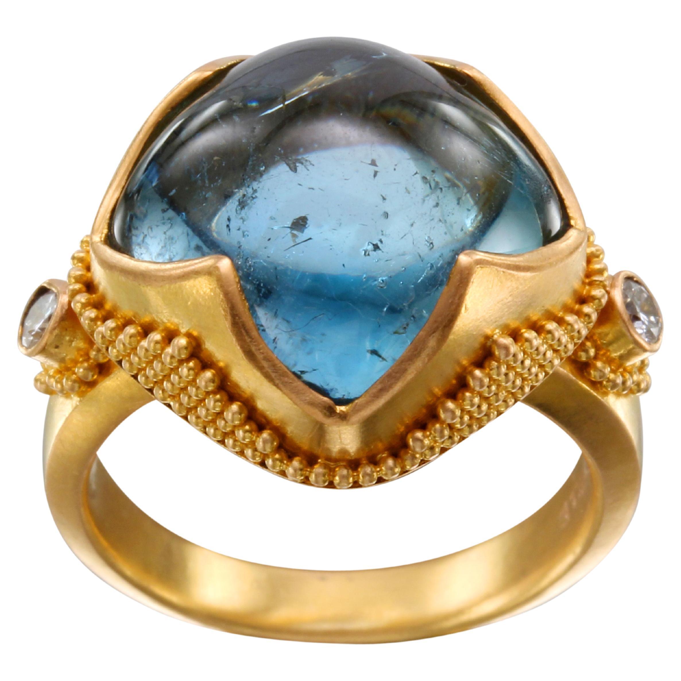 Steven Battelle 11.3 Carats Cabochon Aquamarine Diamonds 22K Gold Ring 