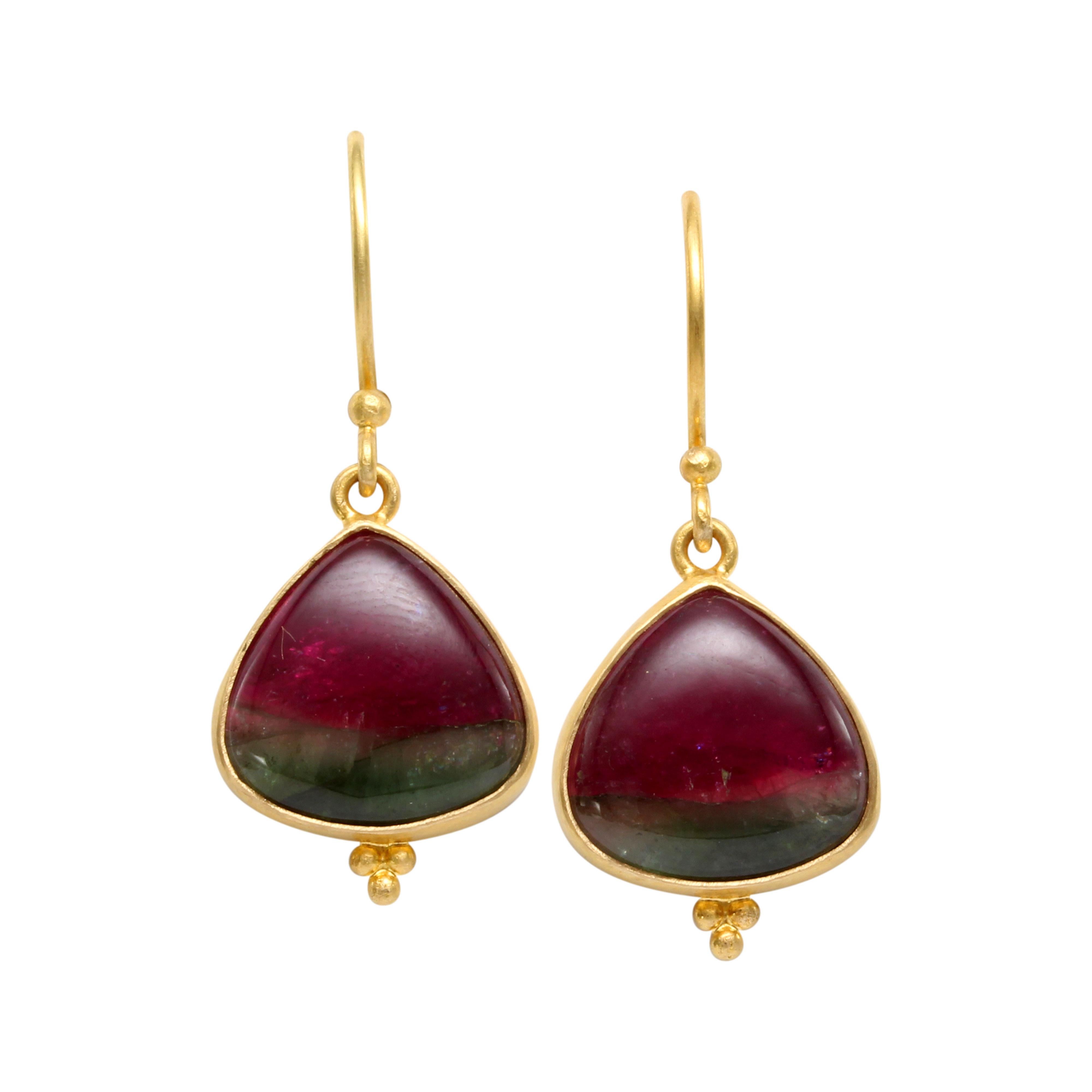 Steven Battelle 11.4 Carats Cabochon Watermelon Tourmaline 18K Wire Earrings In New Condition For Sale In Soquel, CA