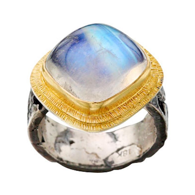 Steven Battelle 11,4 Karat Regenbogen Mondstein 18K Gold/oxidiertes Silber Ring im Zustand „Neu“ im Angebot in Soquel, CA