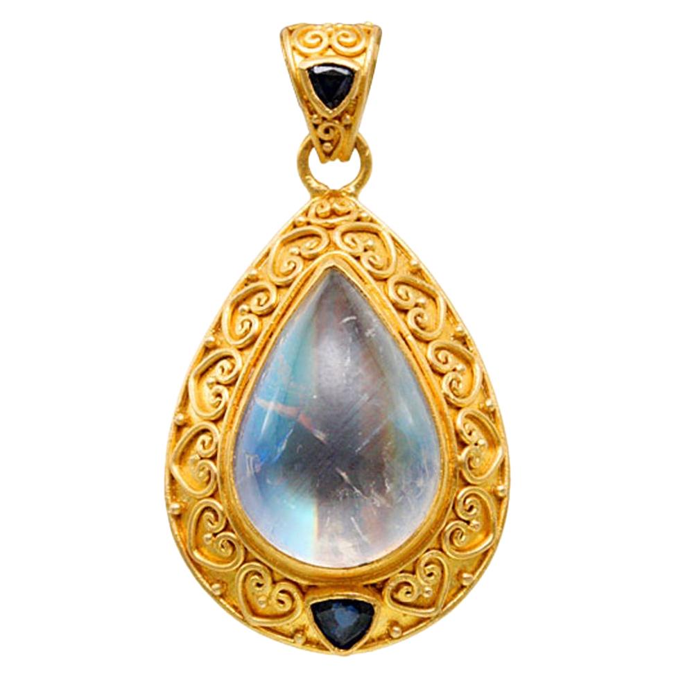 Steven Battelle 11.5 Carat Rainbow Moonstone Blue Sapphire 22K Pendant For Sale