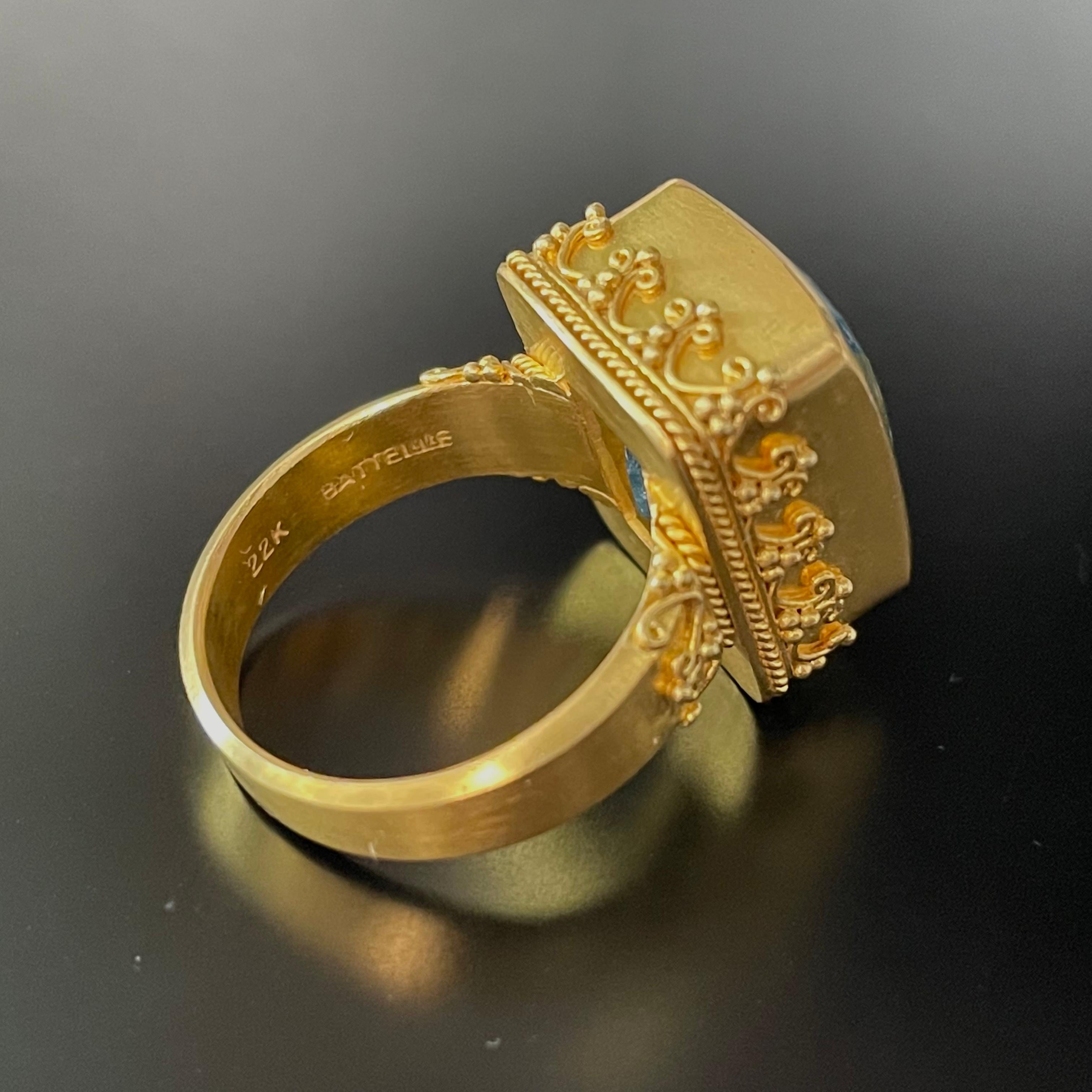 Contemporary Steven Battelle 11.5 Carats Rectangular Aquamarine Handmade 22K Gold Ring For Sale