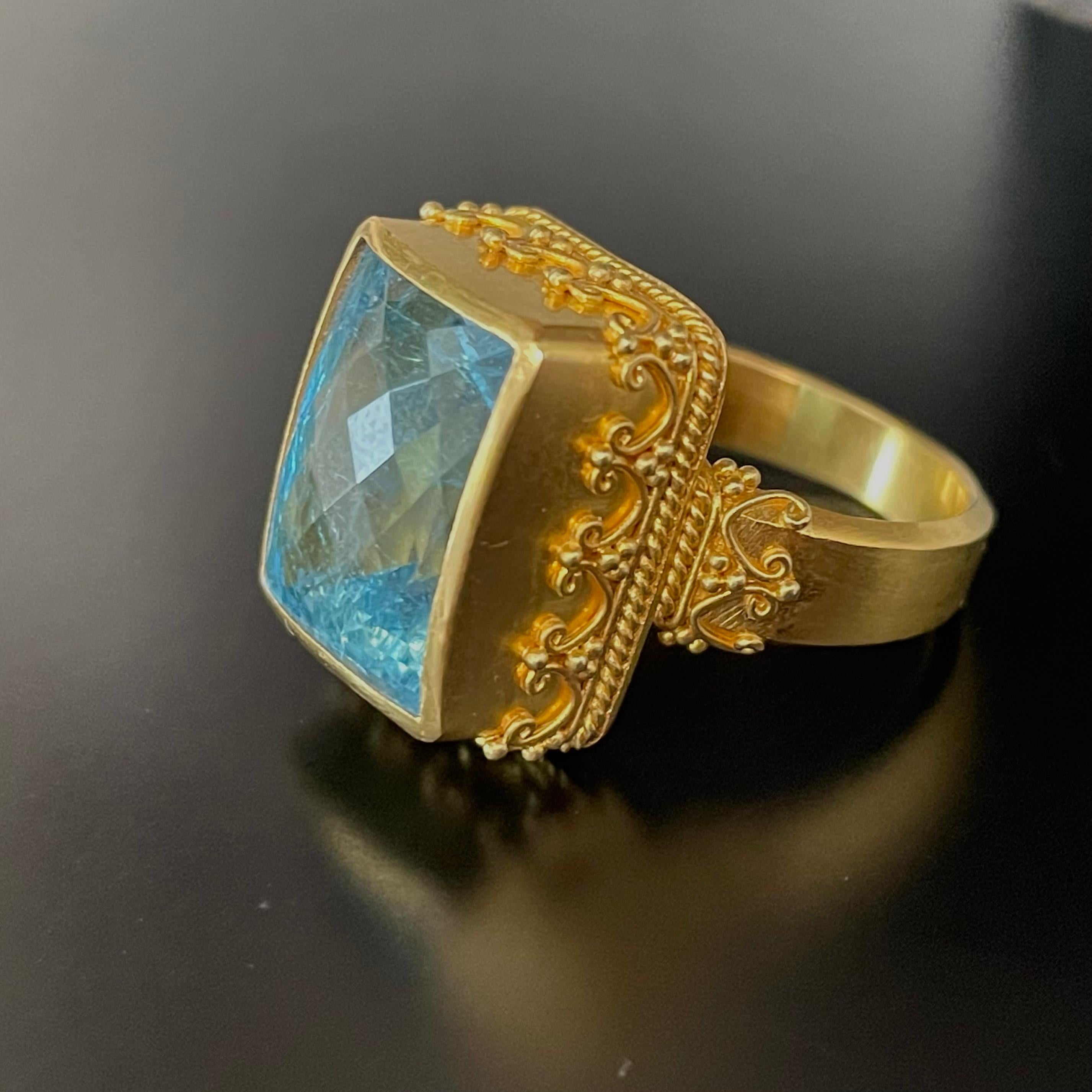 Briolette Cut Steven Battelle 11.5 Carats Rectangular Aquamarine Handmade 22K Gold Ring For Sale