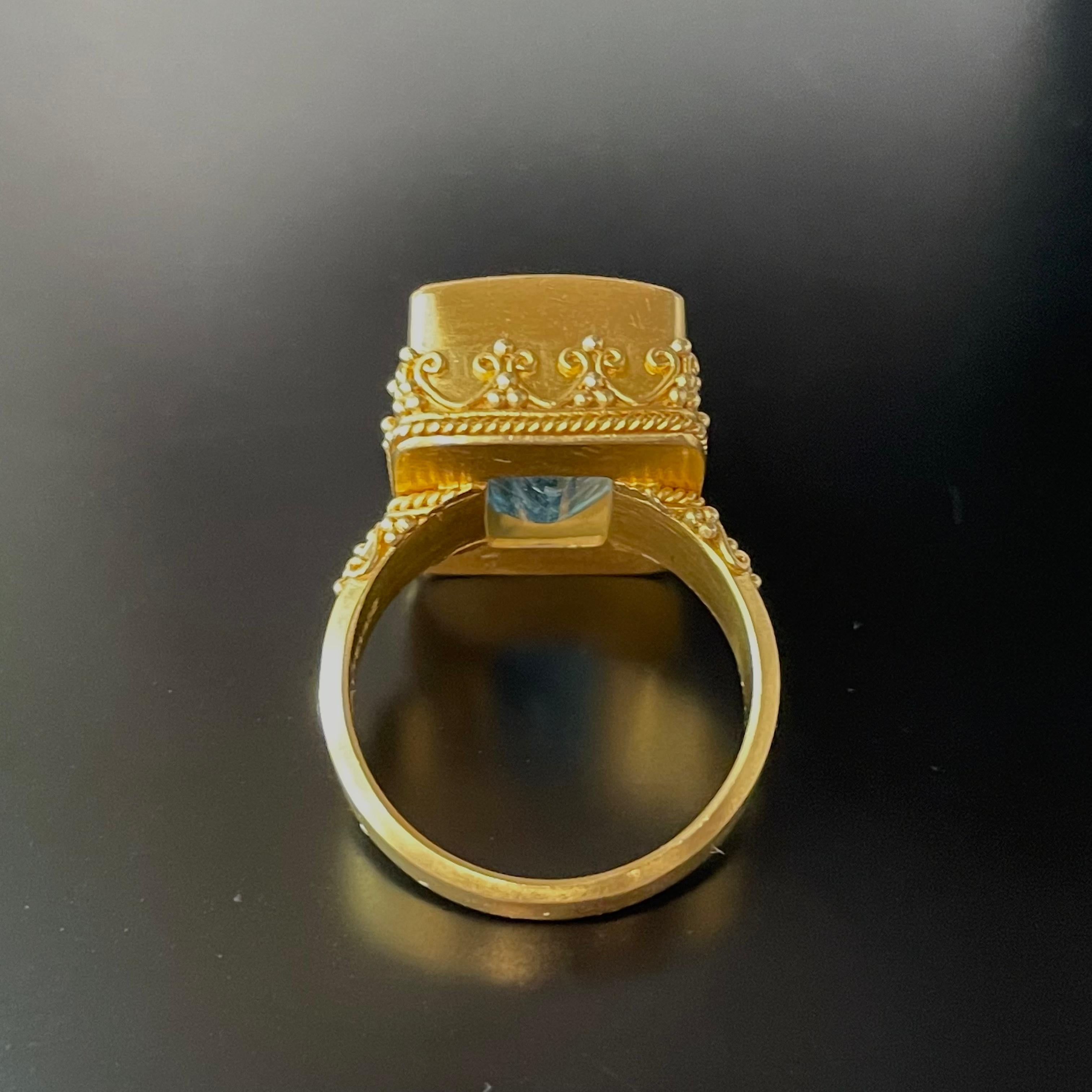 Steven Battelle 11.5 Carats Rectangular Aquamarine Handmade 22K Gold Ring In New Condition For Sale In Soquel, CA