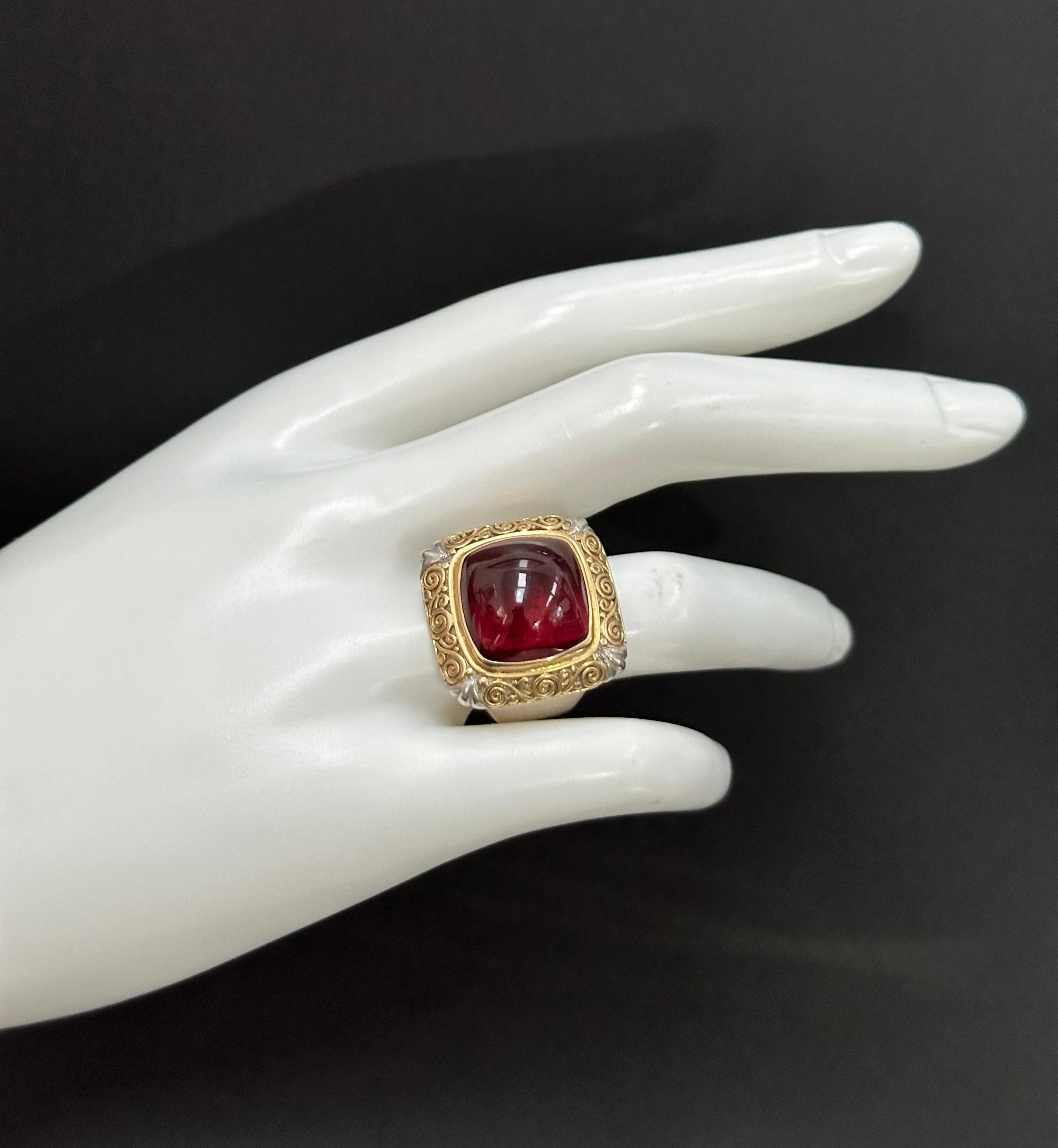 Steven Battelle 11.7 Carats Cabochon Pink Tourmaline Sterling 18K Gold Ring For Sale 5