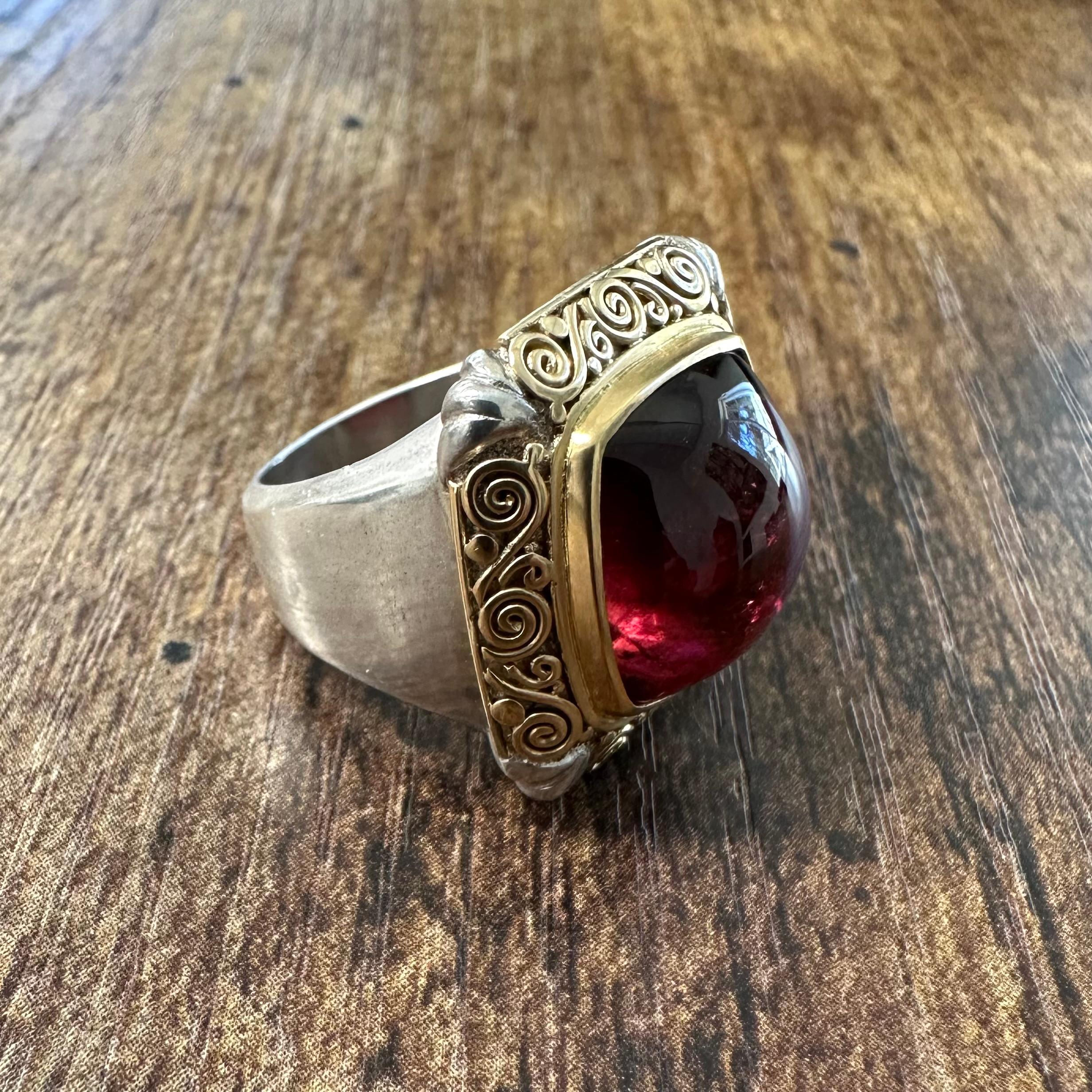 Steven Battelle 11.7 Carats Cabochon Pink Tourmaline Sterling 18K Gold Ring For Sale 8