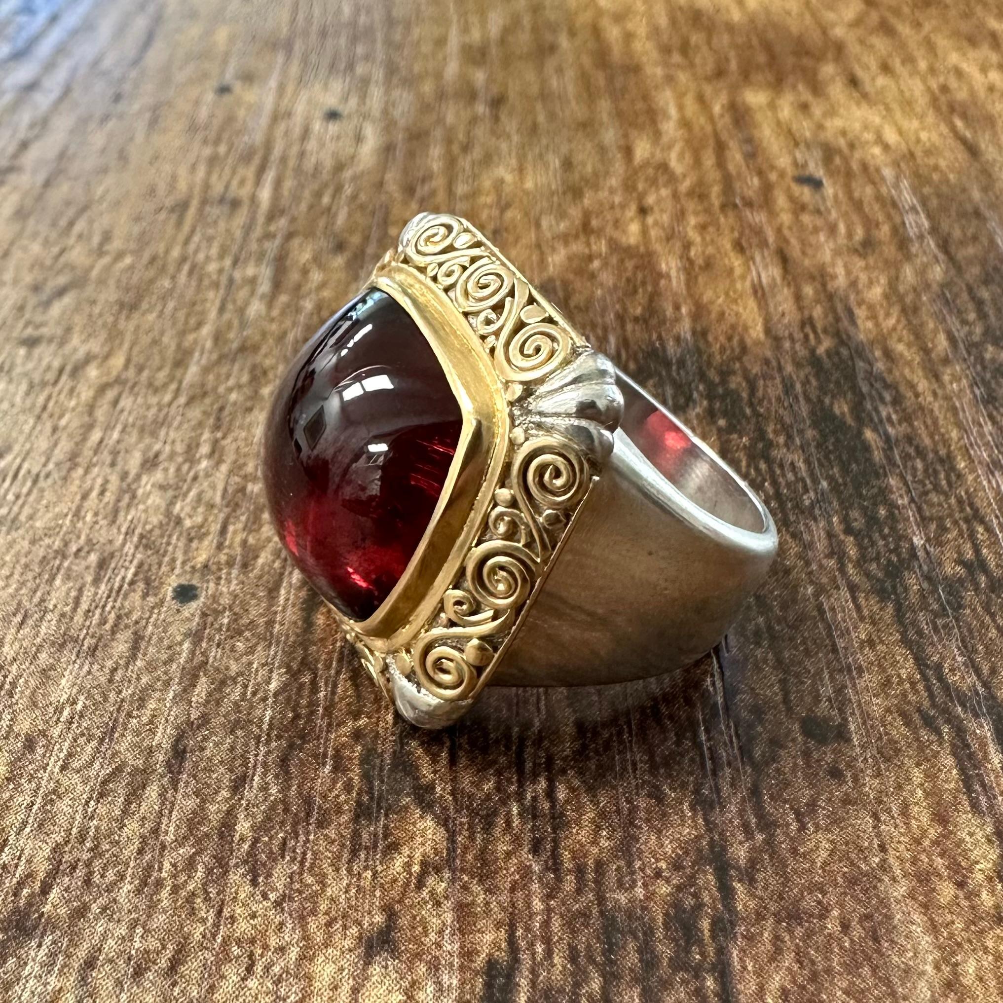 Steven Battelle 11.7 Carats Cabochon Pink Tourmaline Sterling 18K Gold Ring For Sale 9